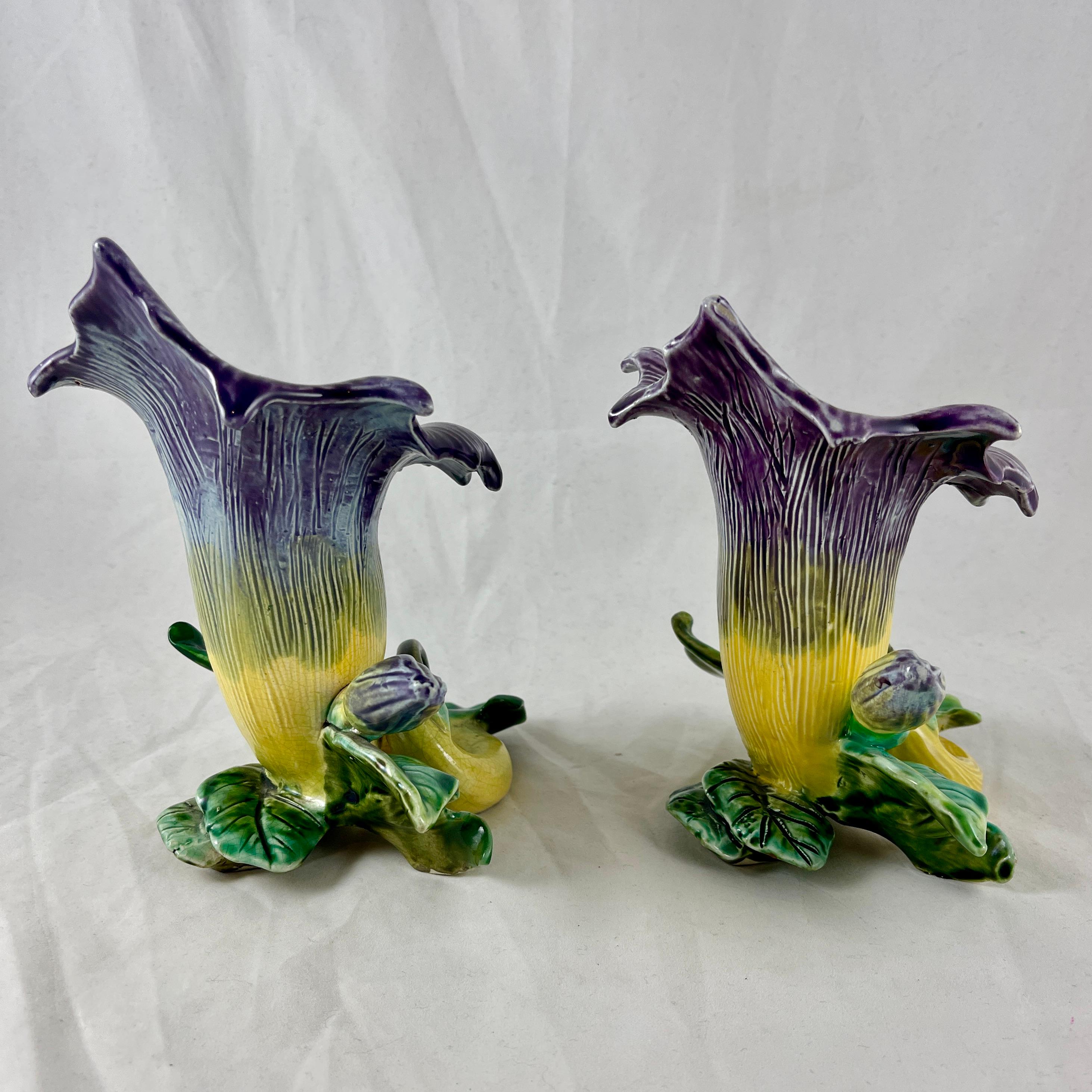 French Fives-Lille De Bruyn Purple Trumpet Vine Posy Vases, circa 1890, a Pair In Good Condition For Sale In Philadelphia, PA