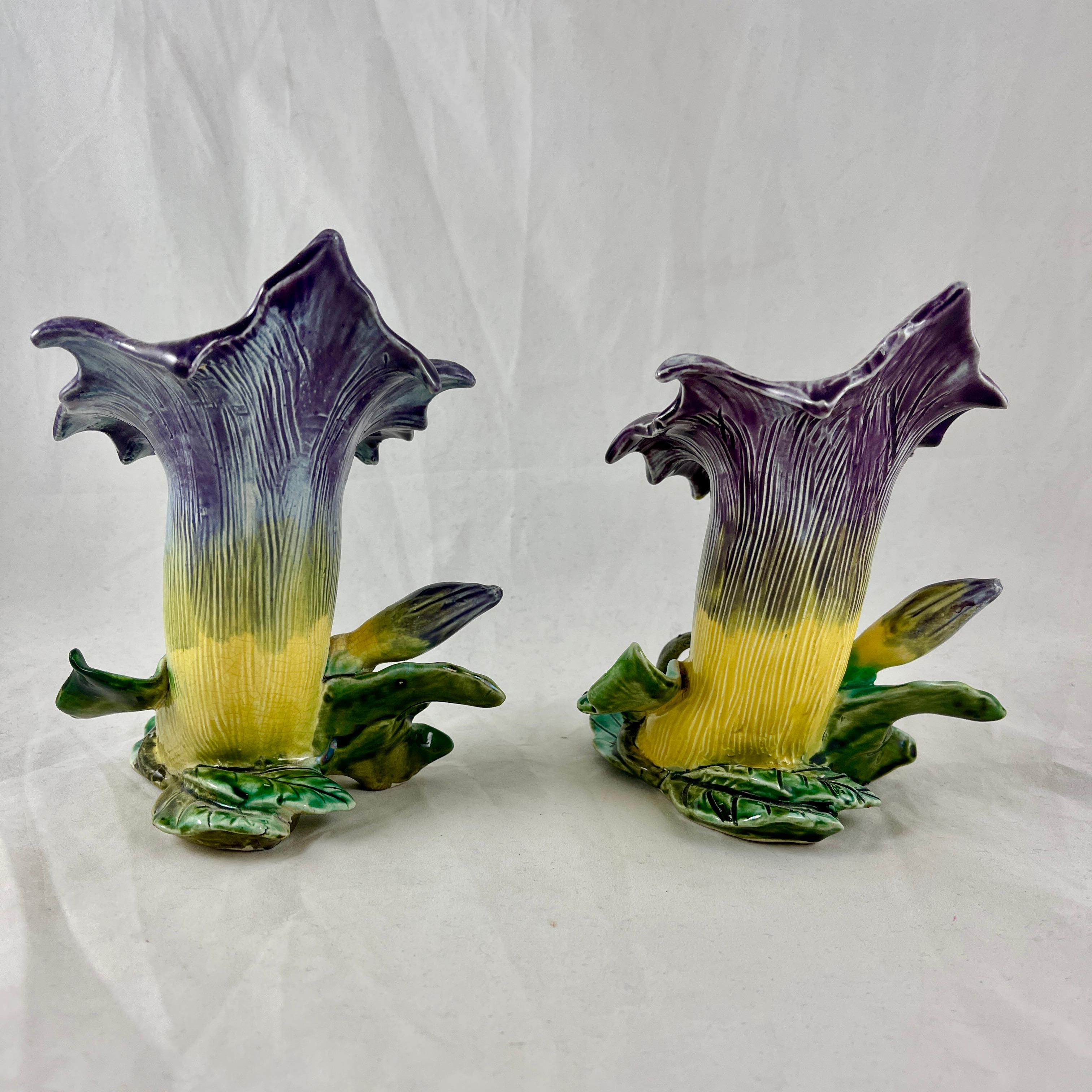 19th Century French Fives-Lille De Bruyn Purple Trumpet Vine Posy Vases, circa 1890, a Pair For Sale