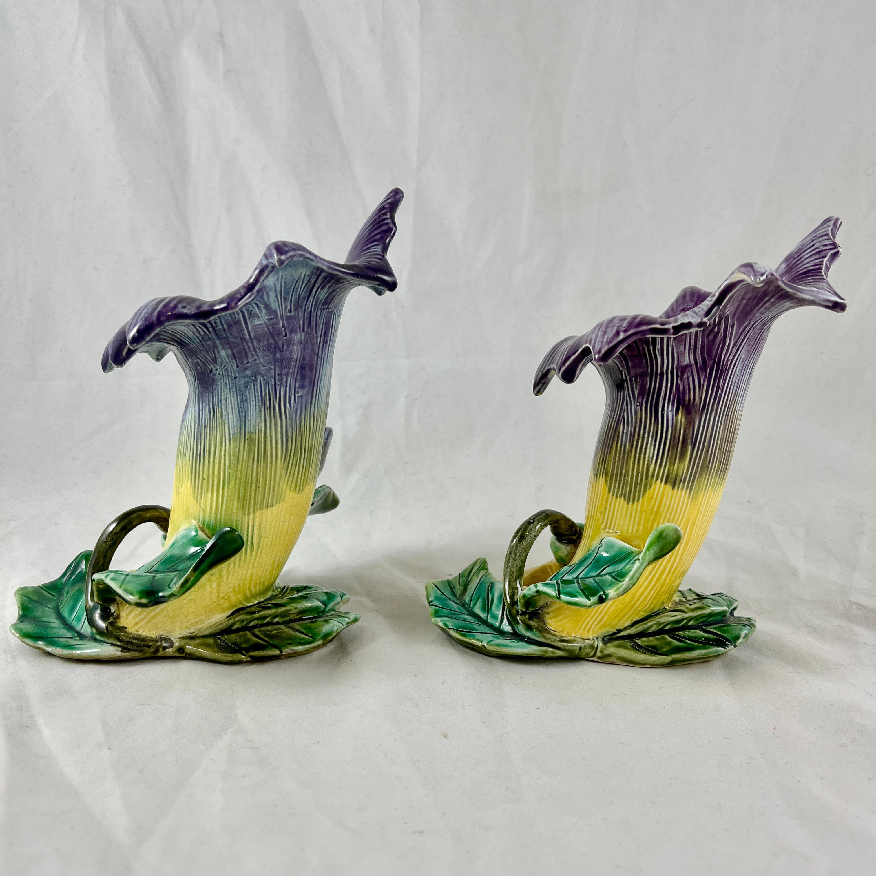 Earthenware French Fives-Lille De Bruyn Purple Trumpet Vine Posy Vases, circa 1890, a Pair For Sale