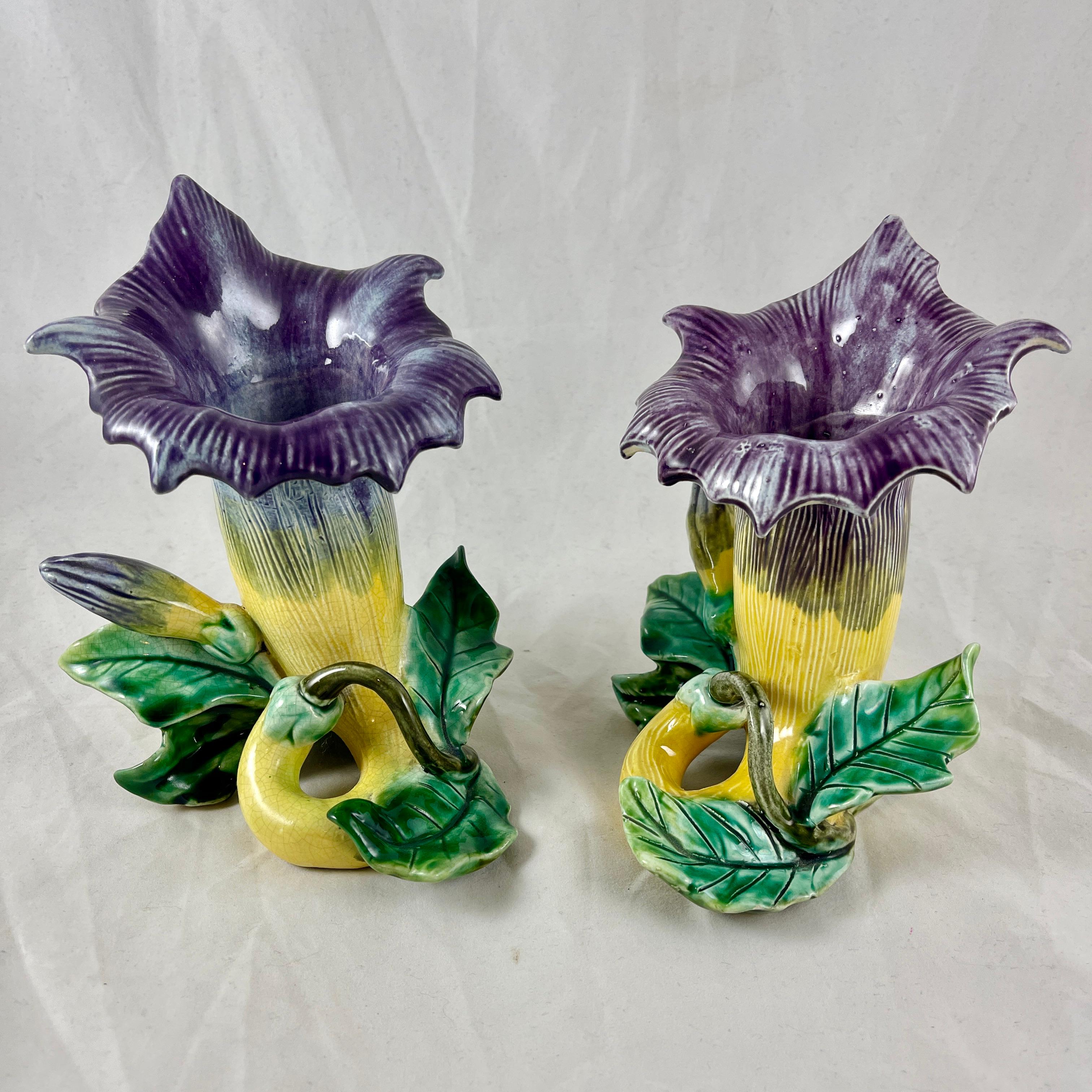 French Fives-Lille De Bruyn Purple Trumpet Vine Posy Vases, circa 1890, a Pair For Sale 1