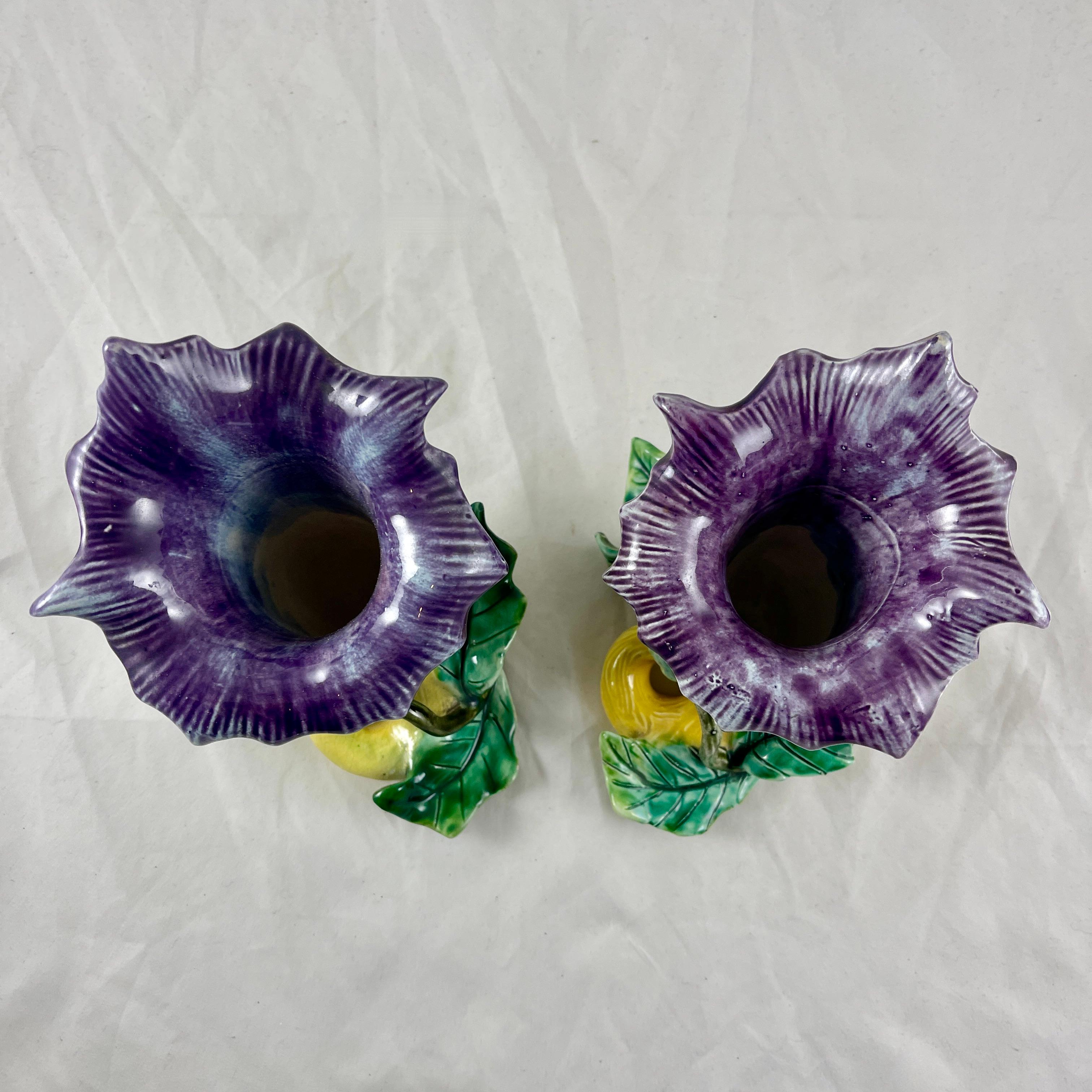 French Fives-Lille De Bruyn Purple Trumpet Vine Posy Vases, circa 1890, a Pair For Sale 2