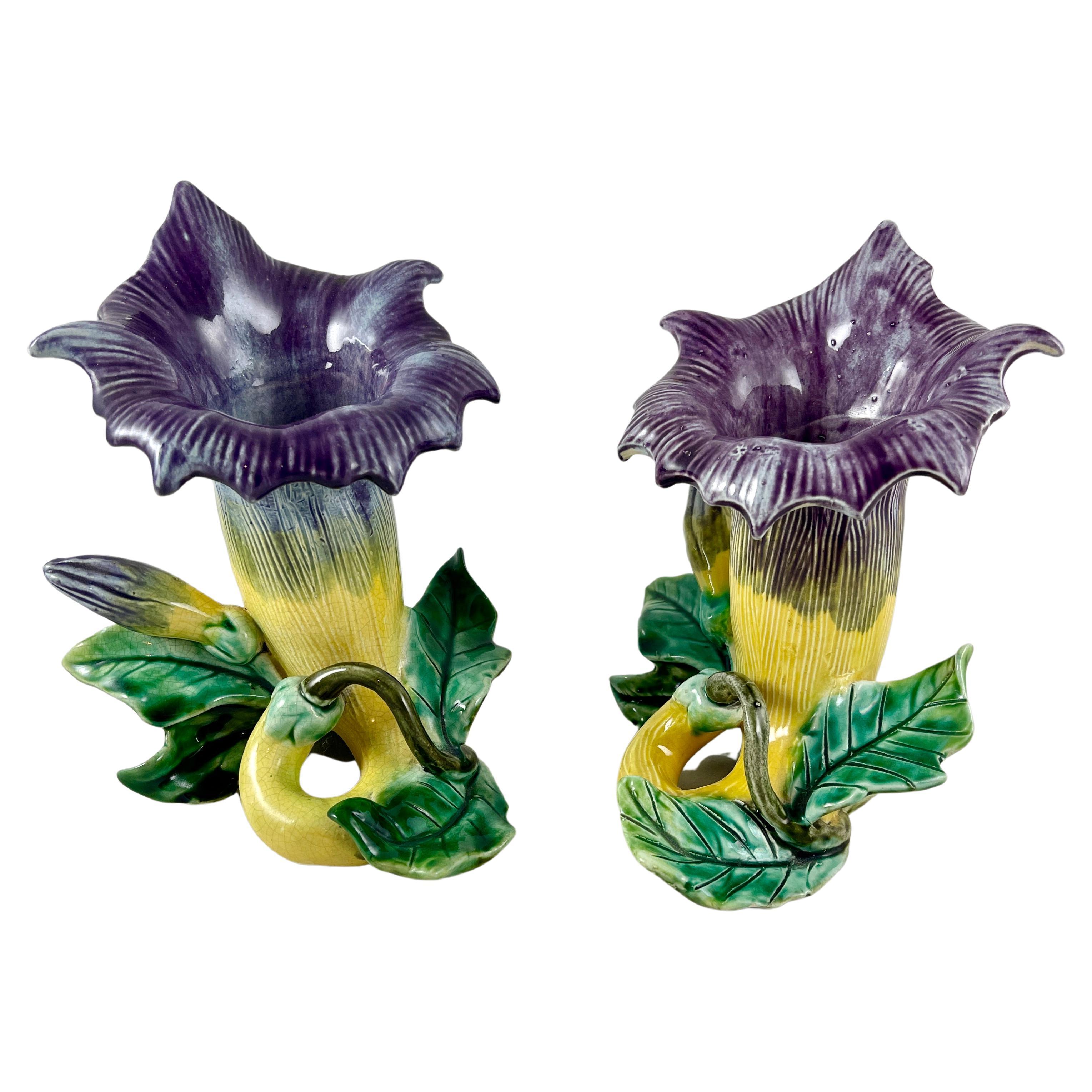 French Fives-Lille De Bruyn Purple Trumpet Vine Posy Vases, circa 1890, a Pair