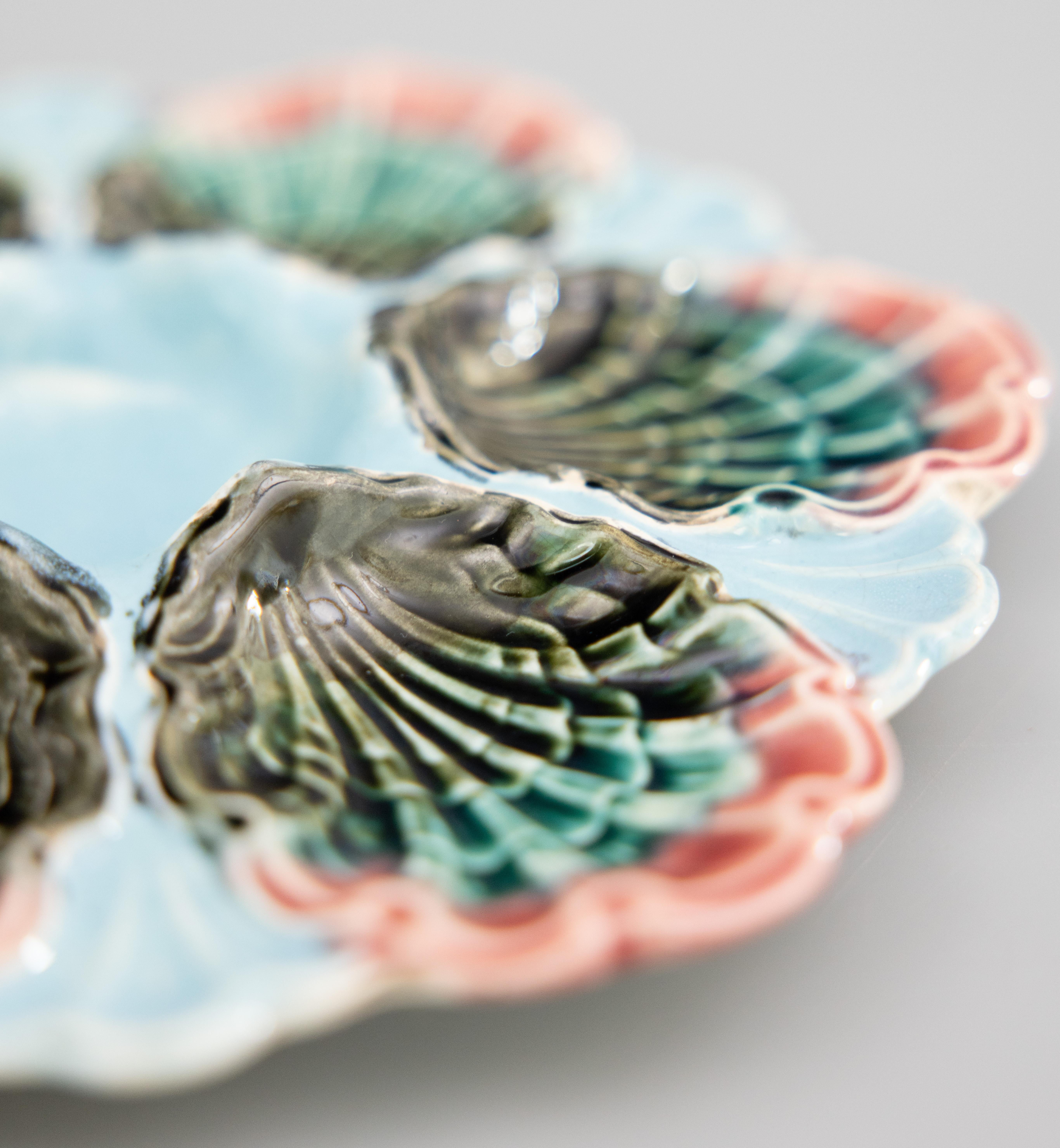 19th Century French Fives-Lille Majolica Turquoise Oyster Plate, circa 1890 For Sale