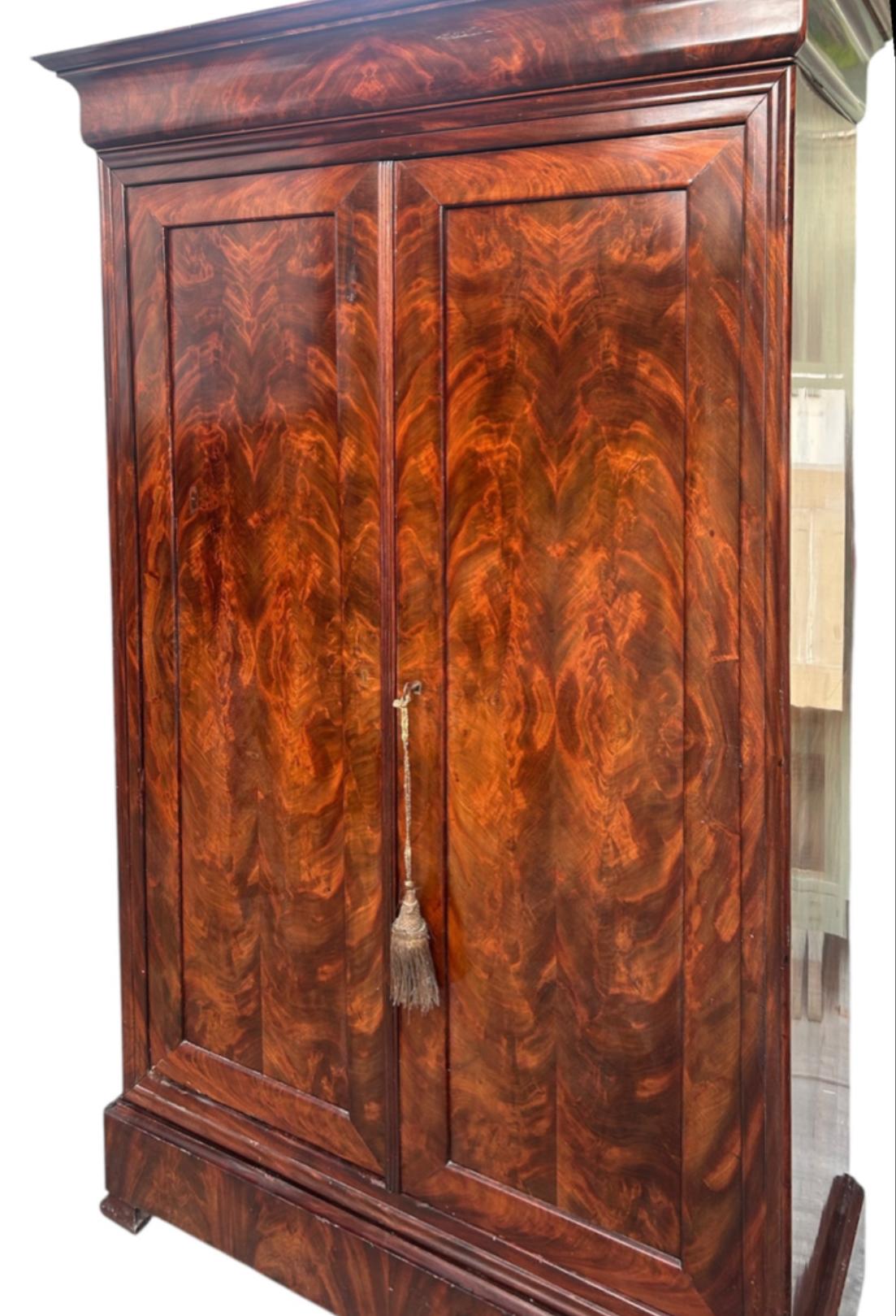 Französisch Flamme geschnitzt Mahagoni Louis Philippe Armoire im Angebot 1
