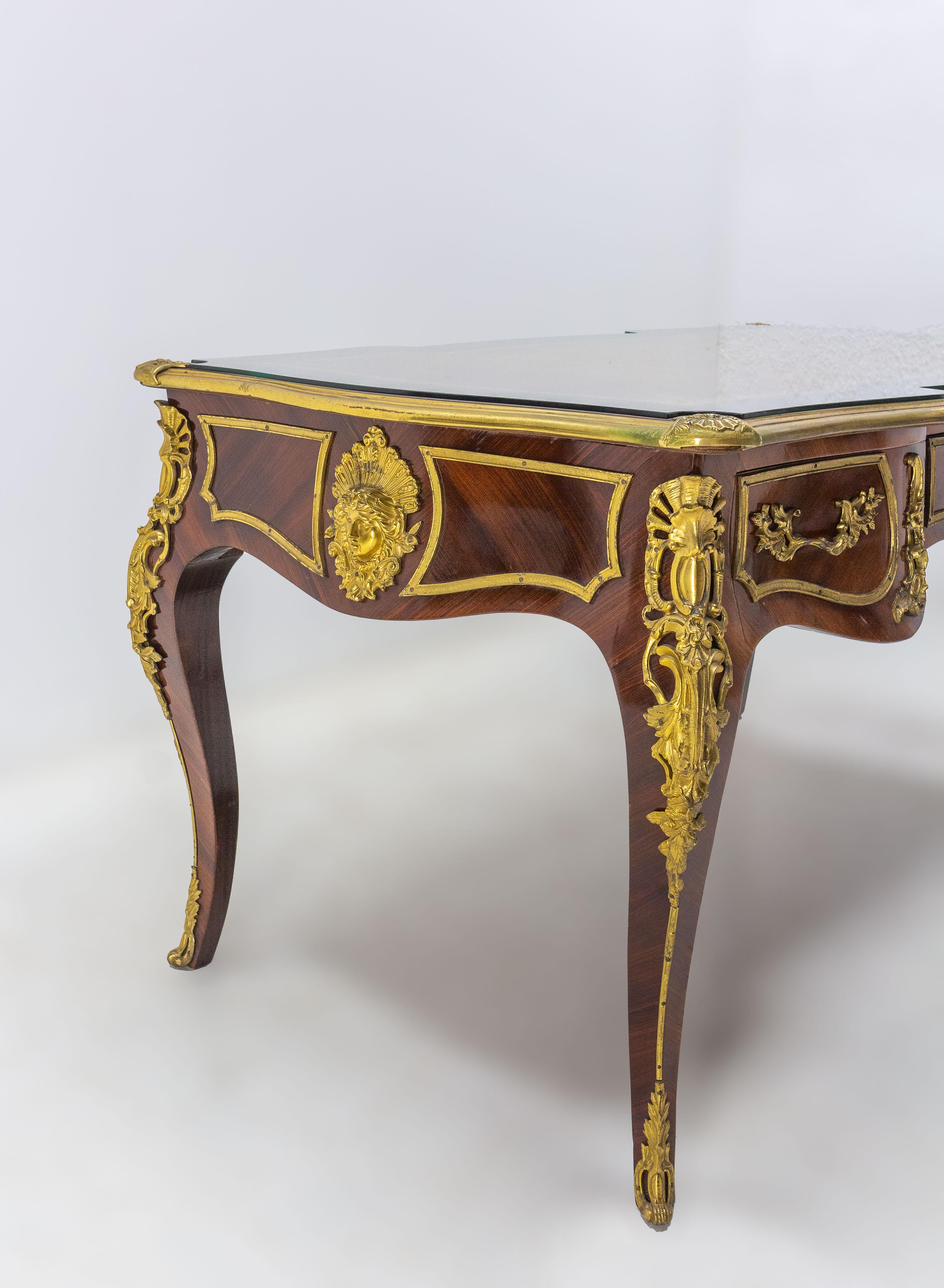 Leather French Flat Desk Louis XV Style, Mid-Century