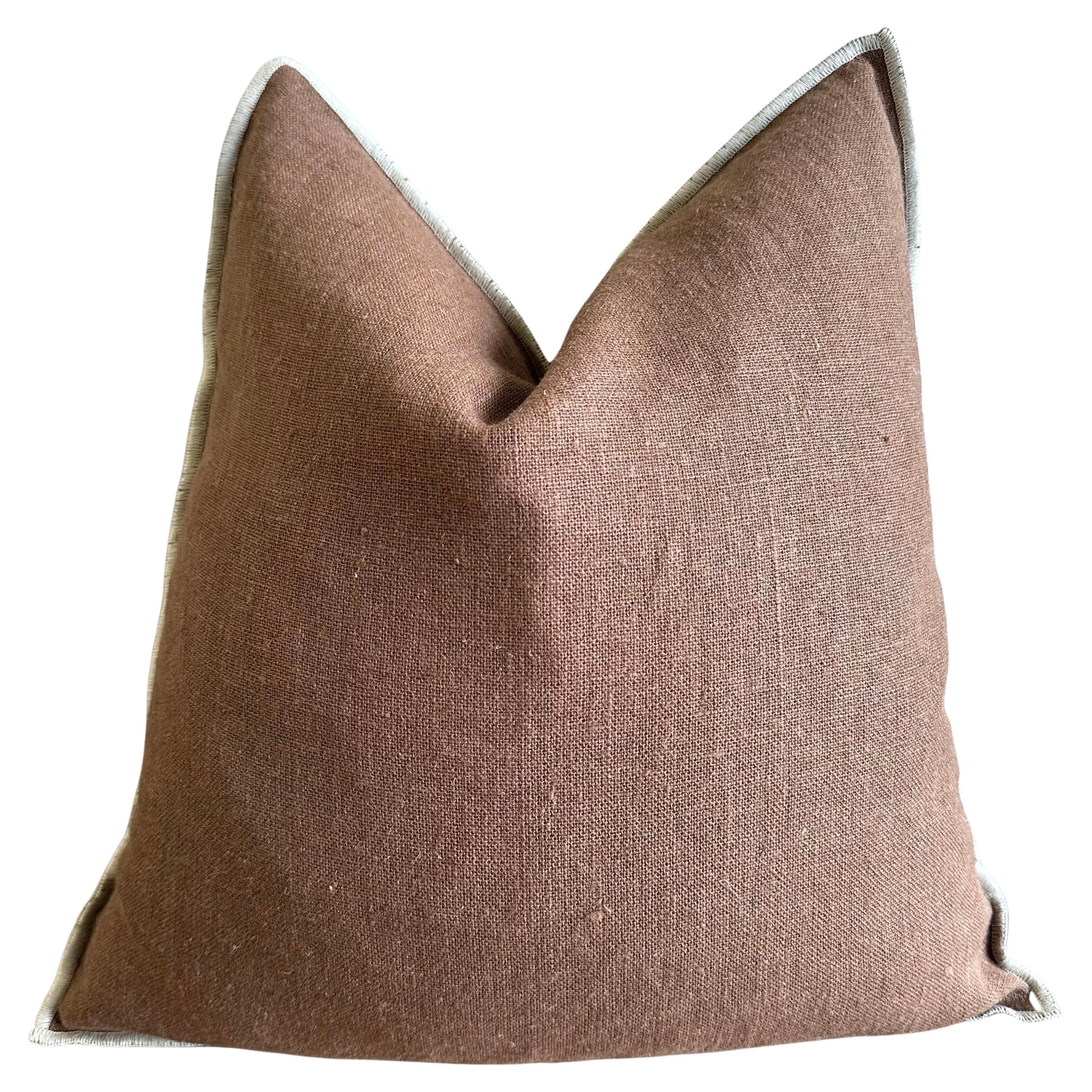 French Flax Linen Accent Pillow in Moka For Sale