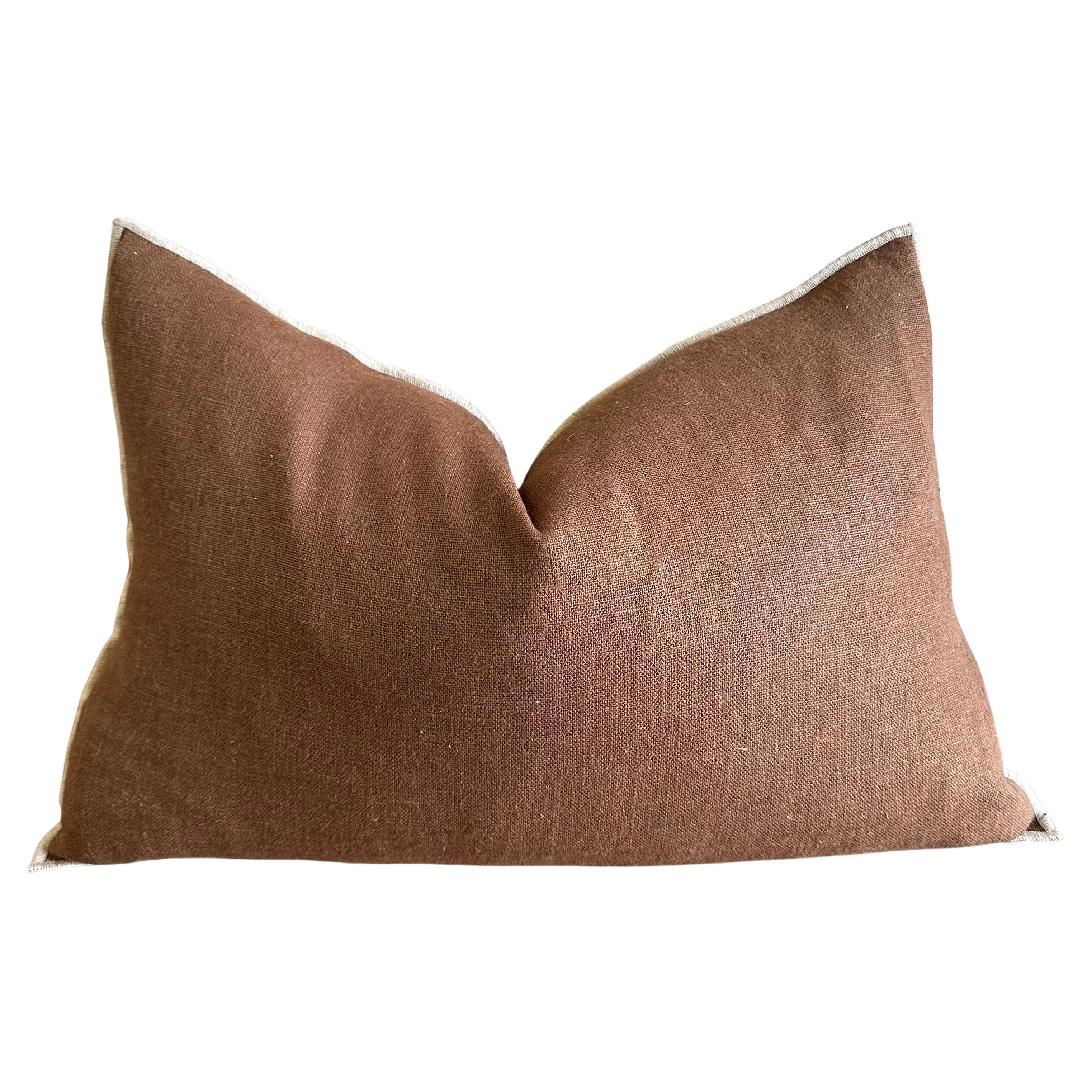 French Flax Linen Lumbar Pillow in Moka For Sale