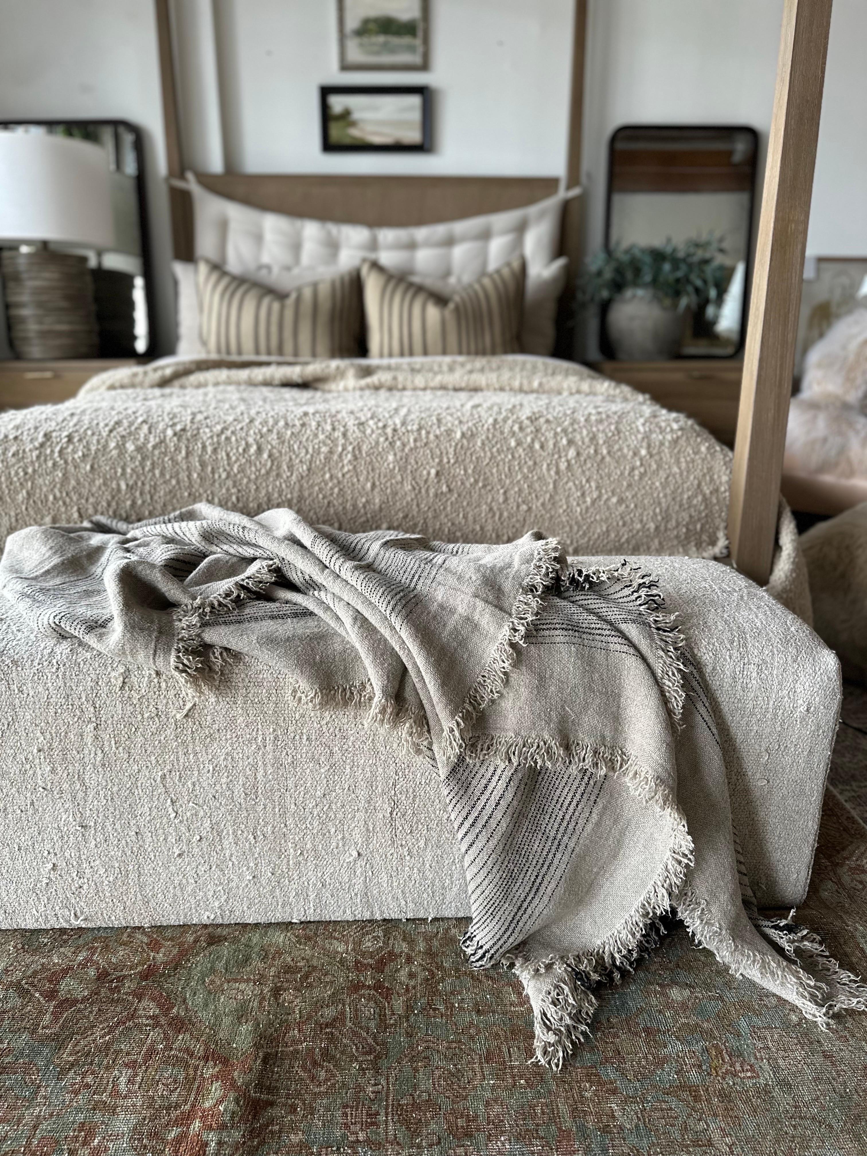 Contemporary French Flax Linen Throw with Stripes For Sale