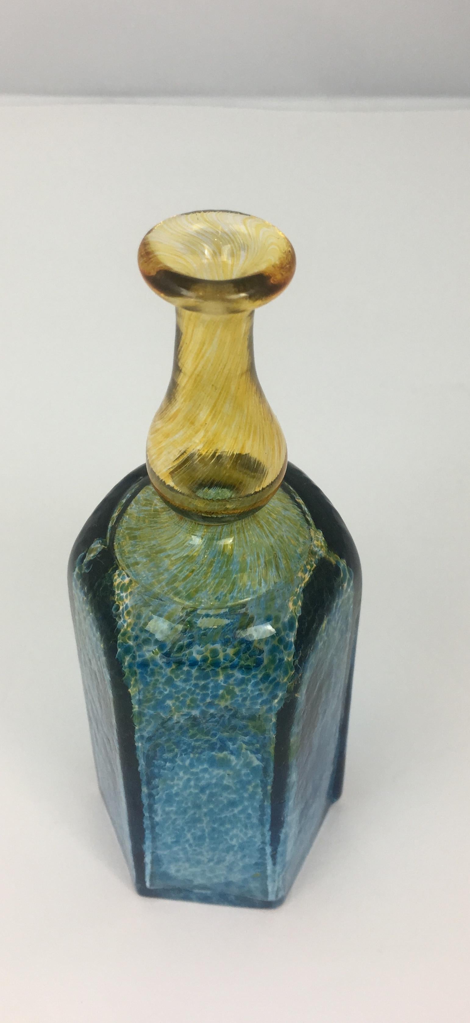 Mid-Century Modern French Flecked Art Glass Perfume or Reed Diffuser Bottle, Signed