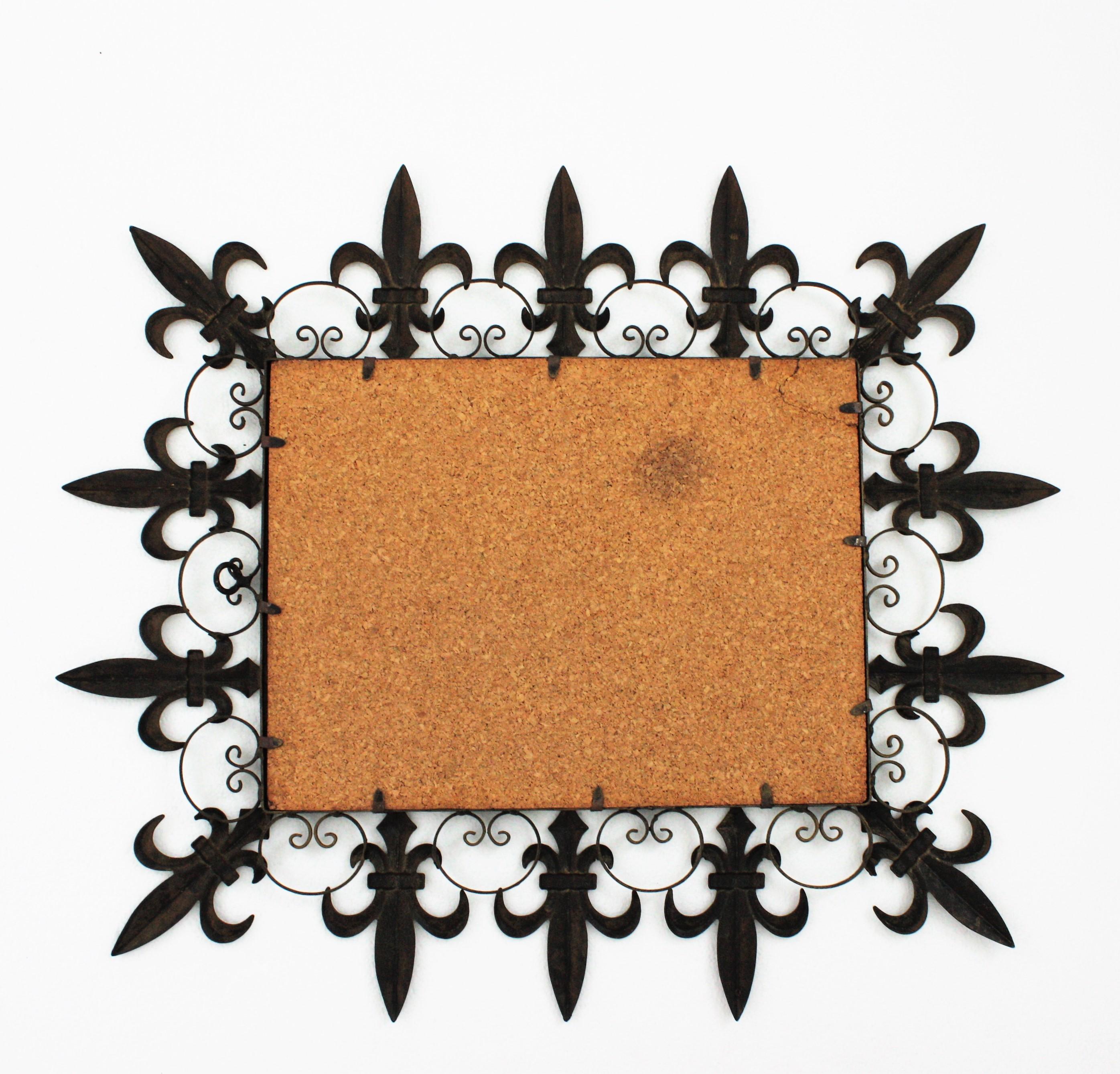 Hammered Sunburst Fleur-de-Lis Wrought Iron Rectangular Mirror, France, 1930s