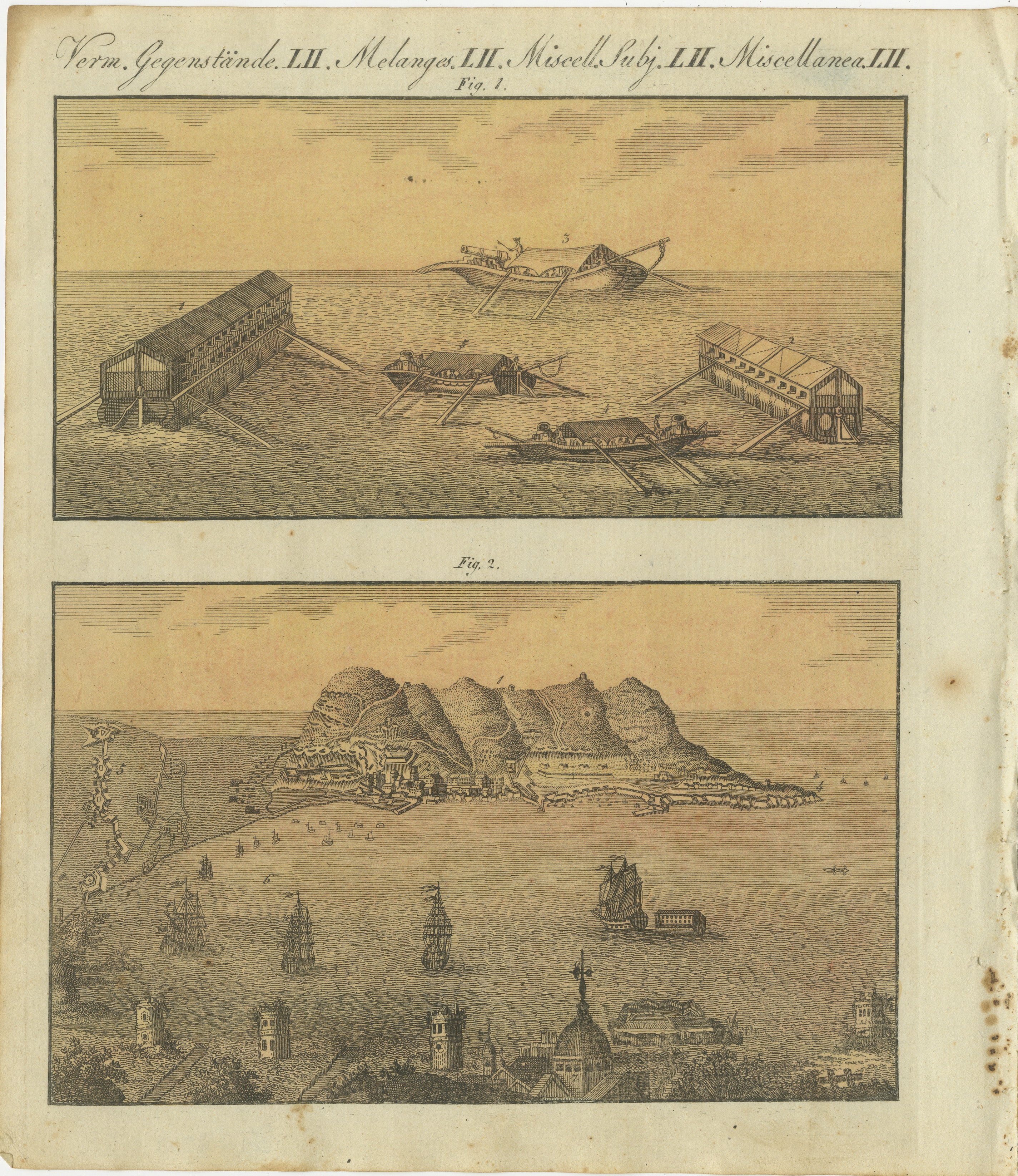 Las Baterías Flotantes de Gibraltar: 1782 El Poder Naval Británico y la Innovación de la Ingeniería Francesa. Grabado en cobre coloreado a mano del célebre 