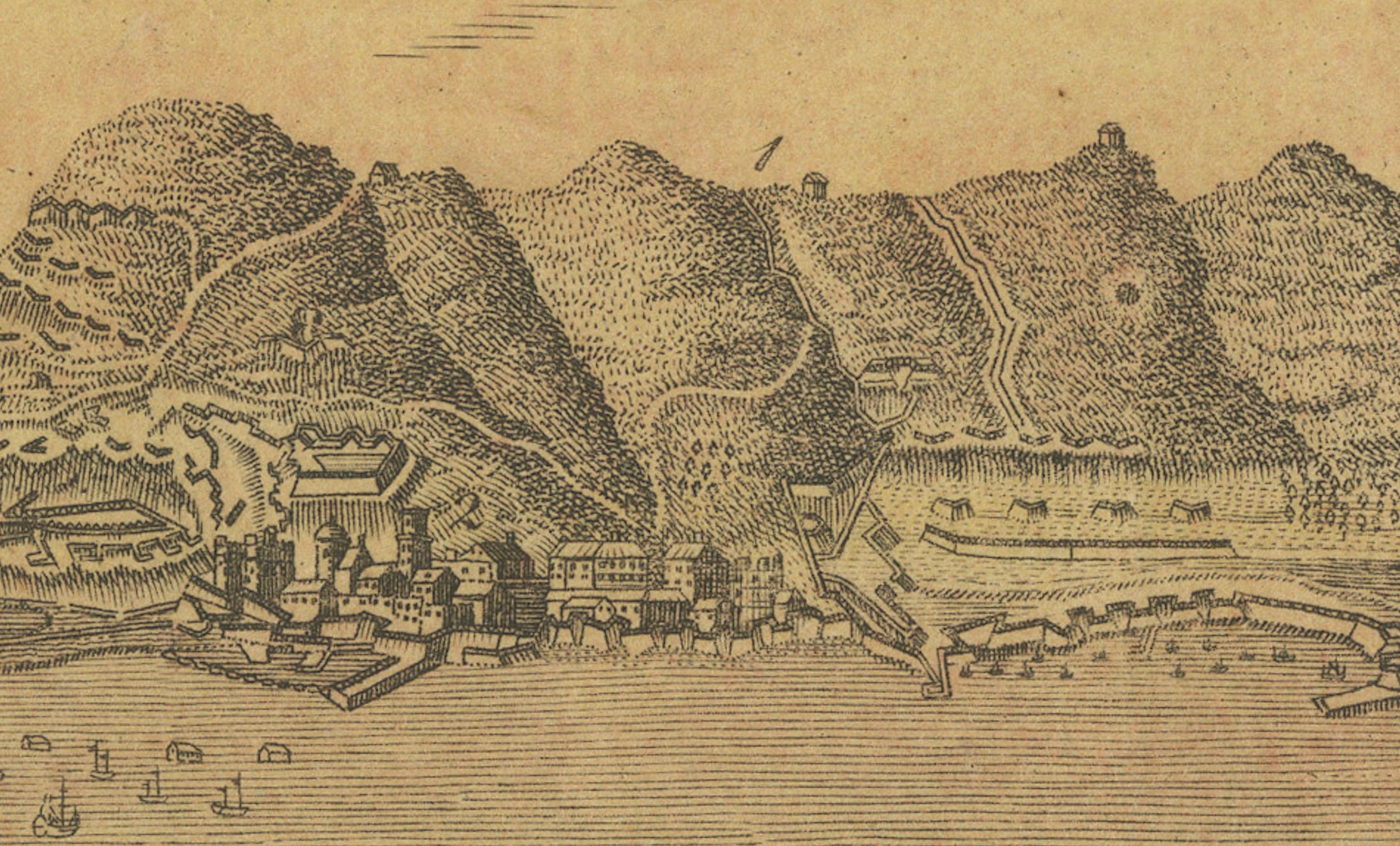 Baterías flotantes francesas bombardeando Gibraltar durante el Gran Asedio, 1782 Grabado en venta