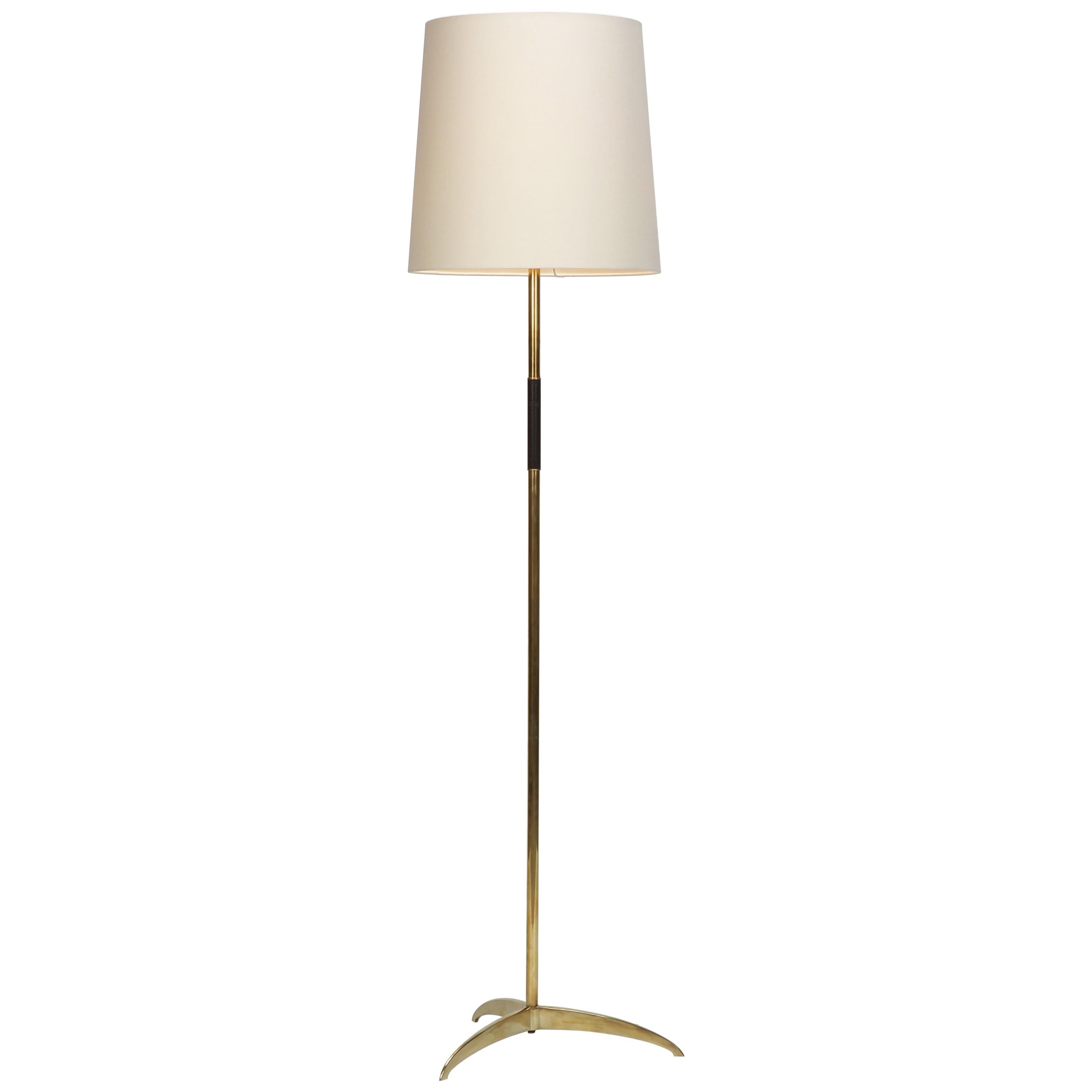 French Floor Lamp Brass Leather Handle, 1950s