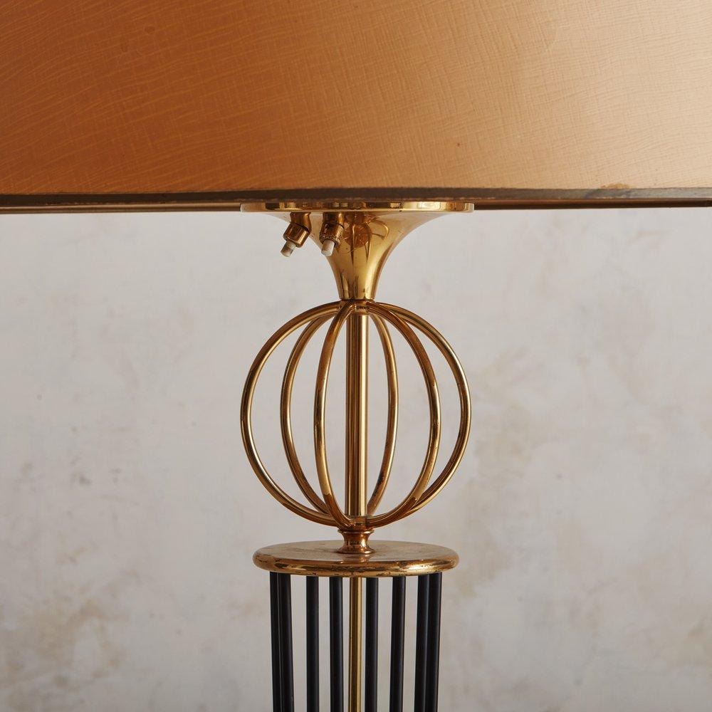 Brass French Floor Lamp by Maison Arlus with Glass Shade, France, 1950s