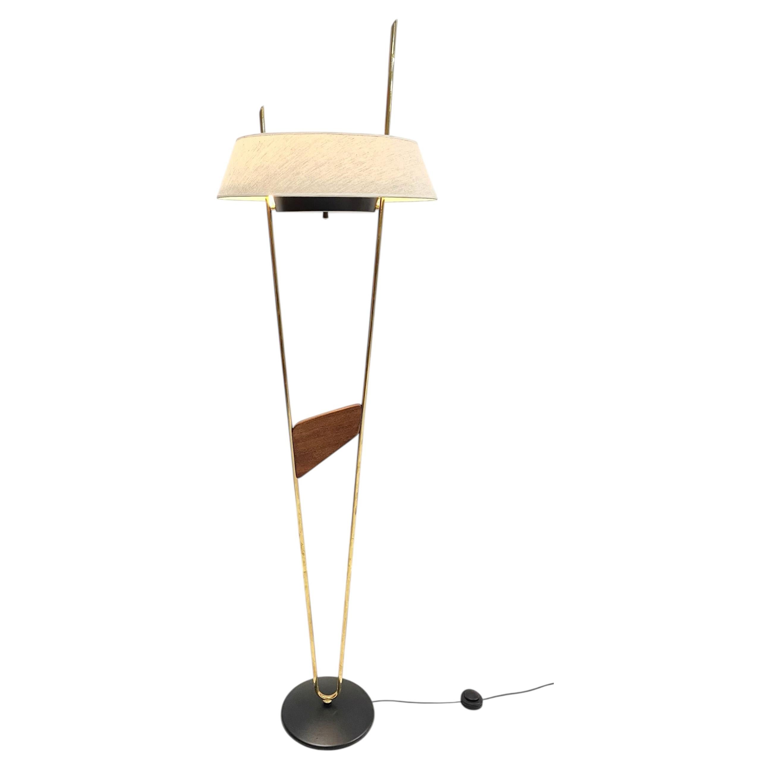Lampadaire français en laiton et teck