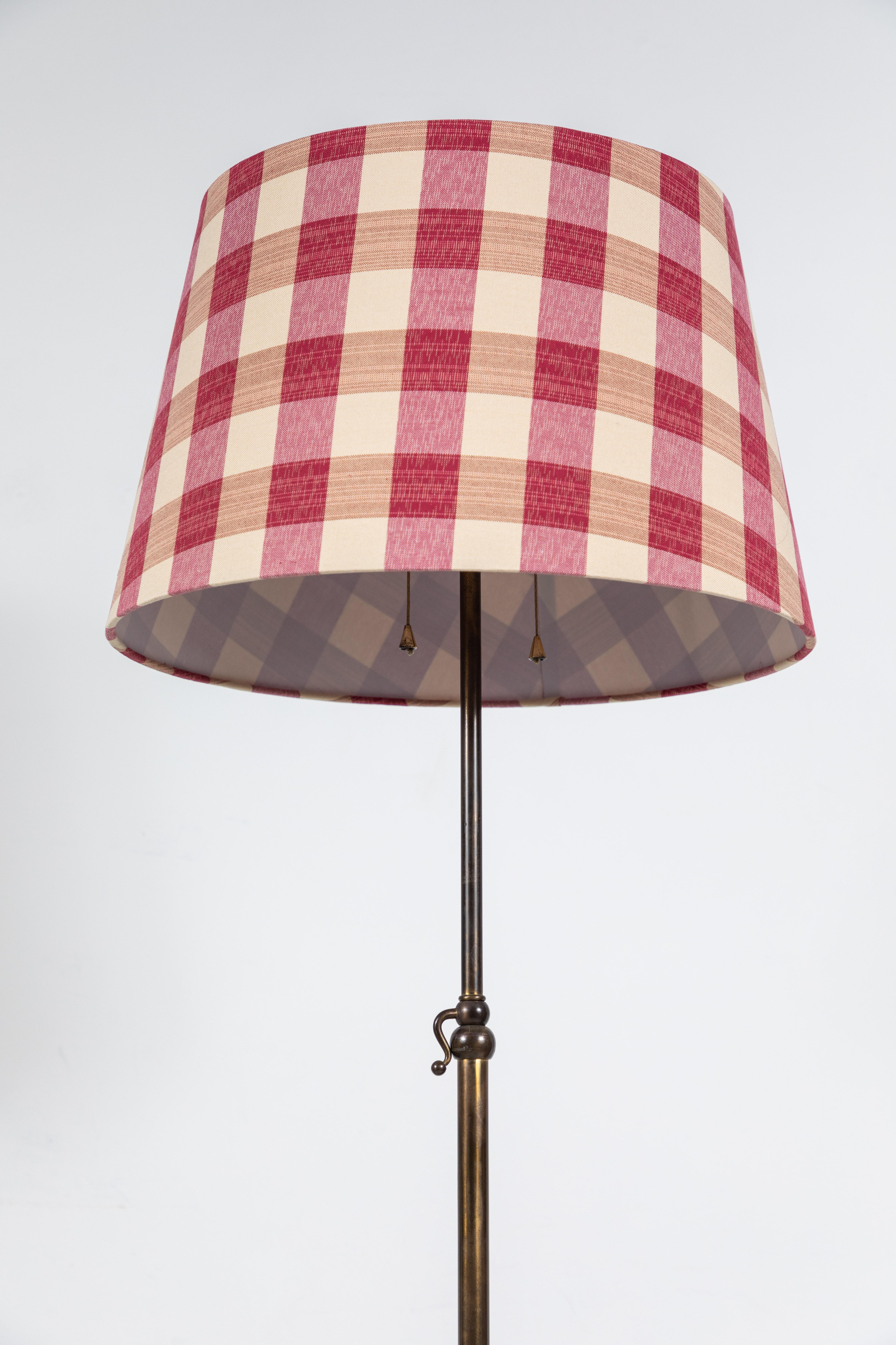 Brass French Floor Lamp with Custom Red Gingham Shade