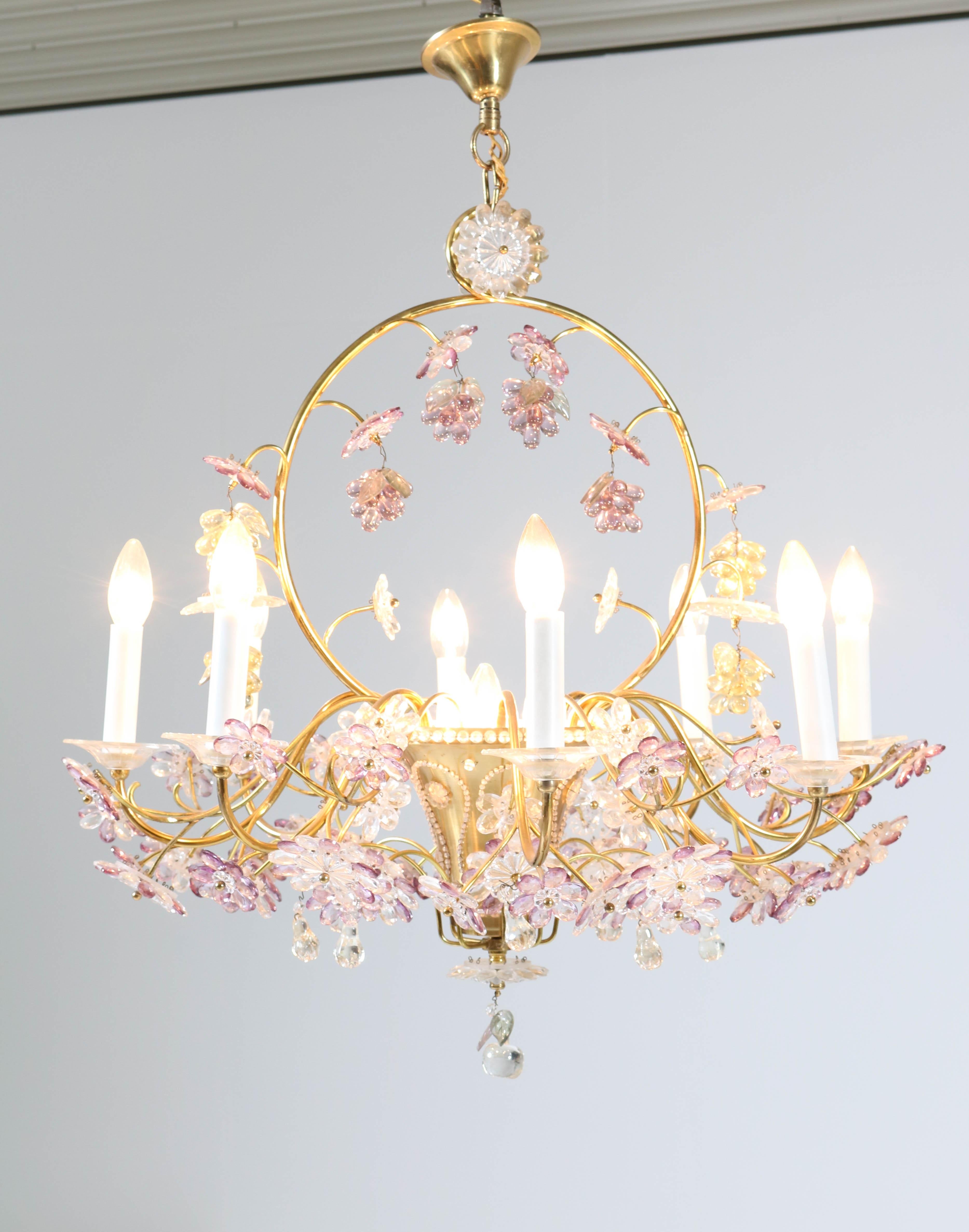 Brass French Floral Amethyst Crystal Chandelier in the style of Maison Baguès, 1950s