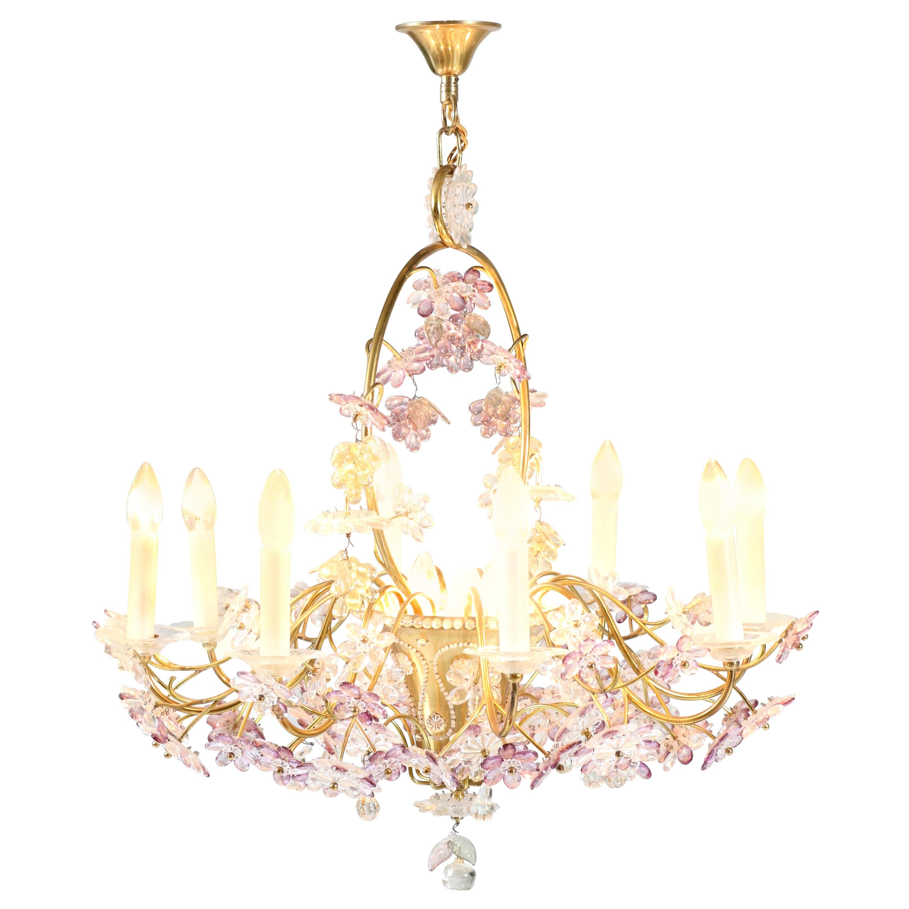 French Floral Amethyst Crystal Chandelier in the style of Maison Baguès, 1950s