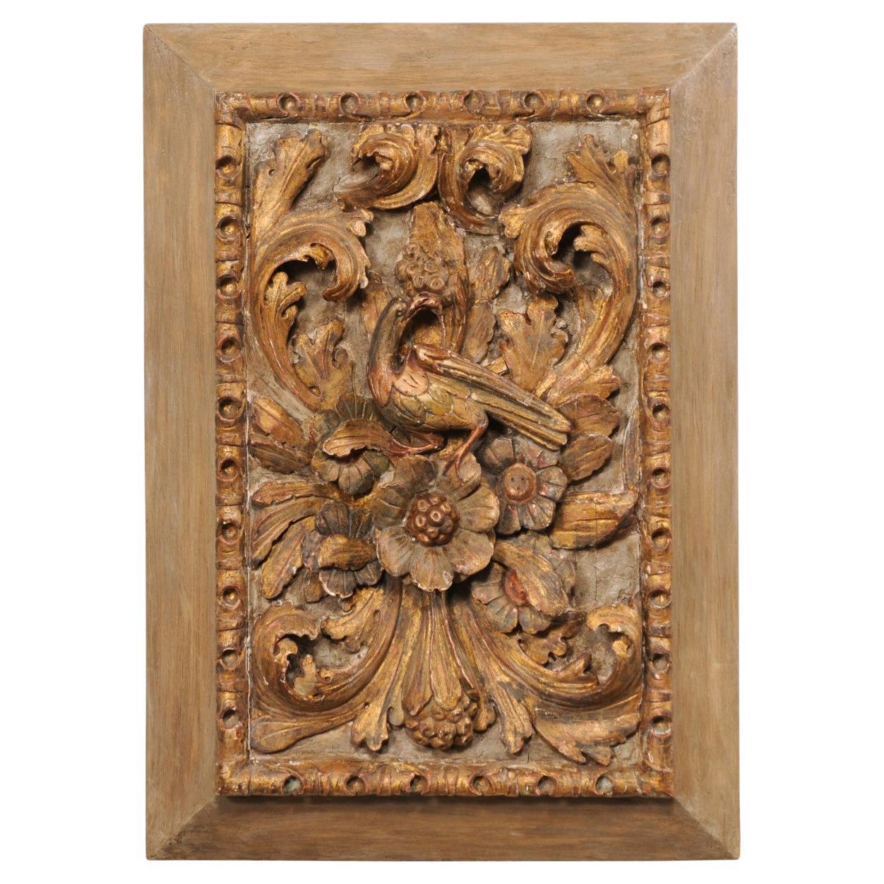 French Floral & Bird Motif Carved Wall Plaque, 19th Century For Sale
