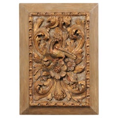 Antique French Floral & Bird Motif Carved Wall Plaque, 19th Century