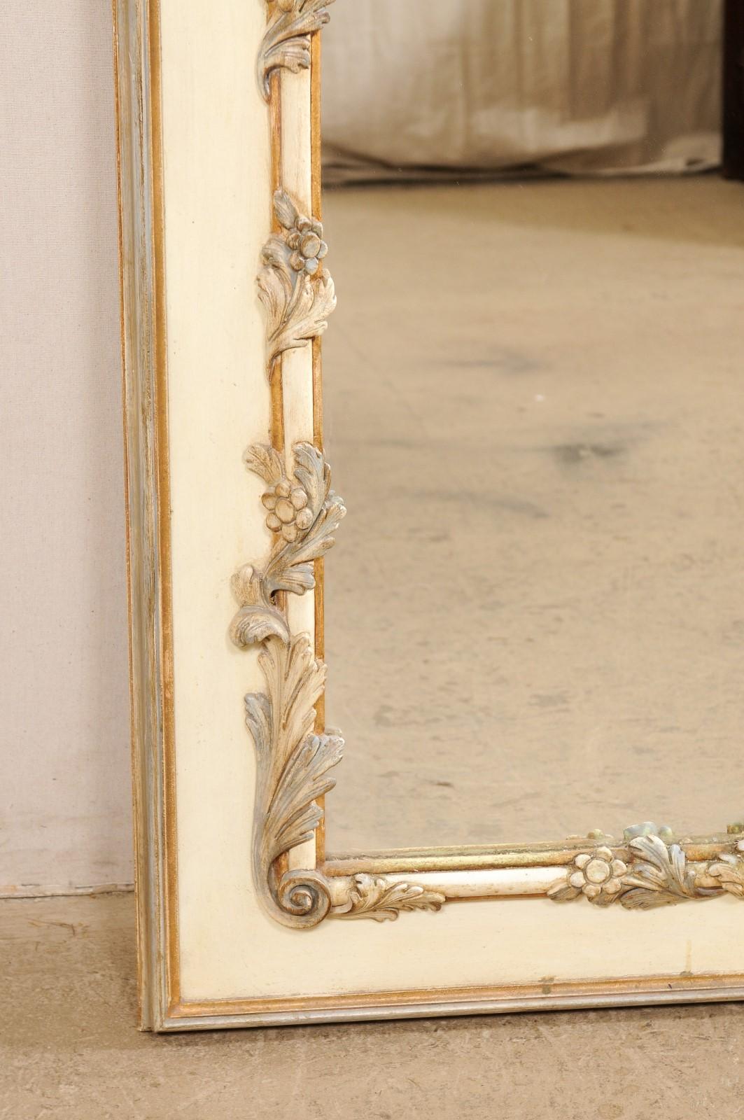 20th Century French Floral & Bouquet Carved and Painted Wood Pier Mirror