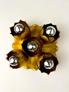 French Floral Bouquet Five-Light Ceiling or Wall light, Gilt Iron, 1940s