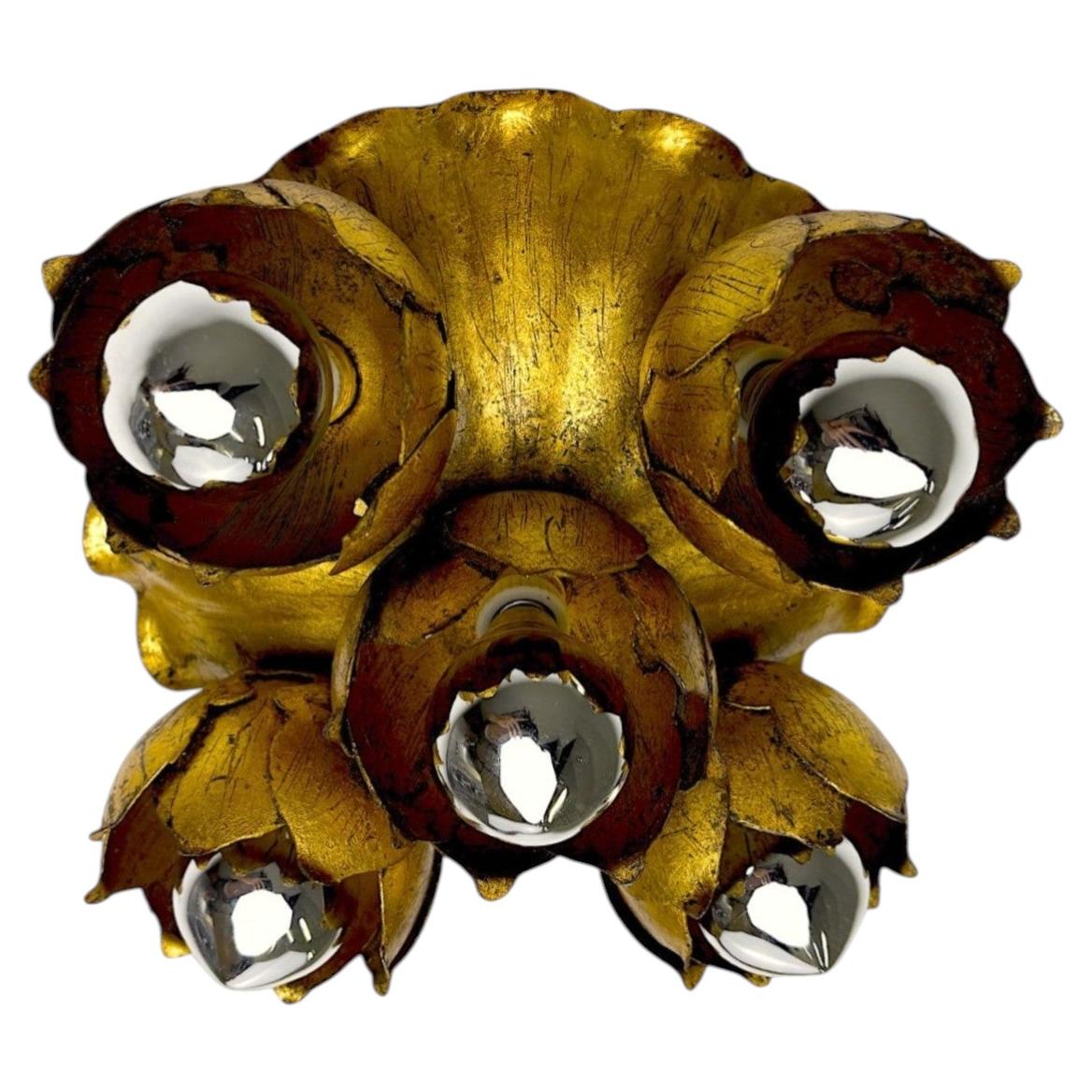 French Floral Bouquet Five-Light Ceiling or Wall light, Gilt Iron, 1940s