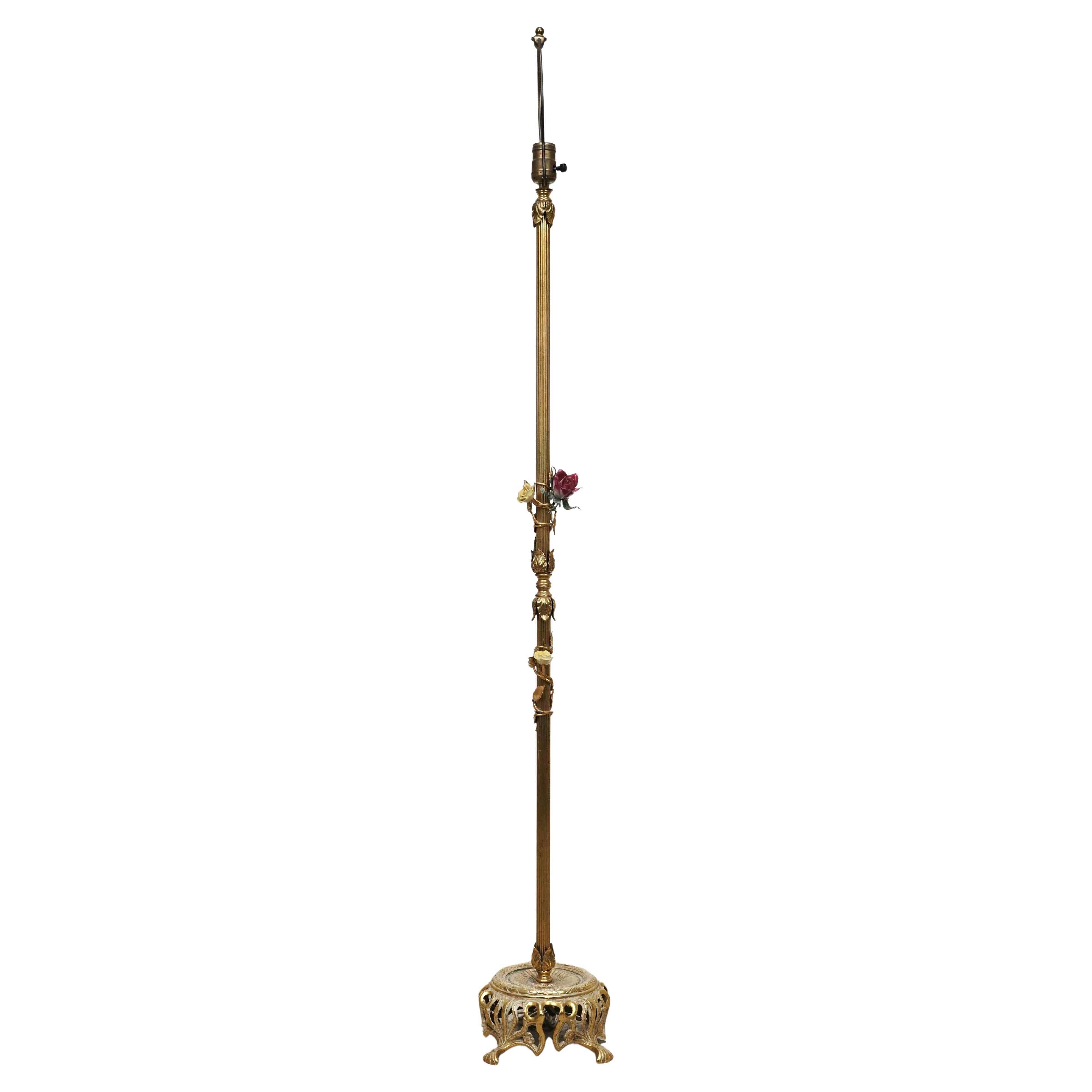 French Floral Brass Floor Lamp For Sale