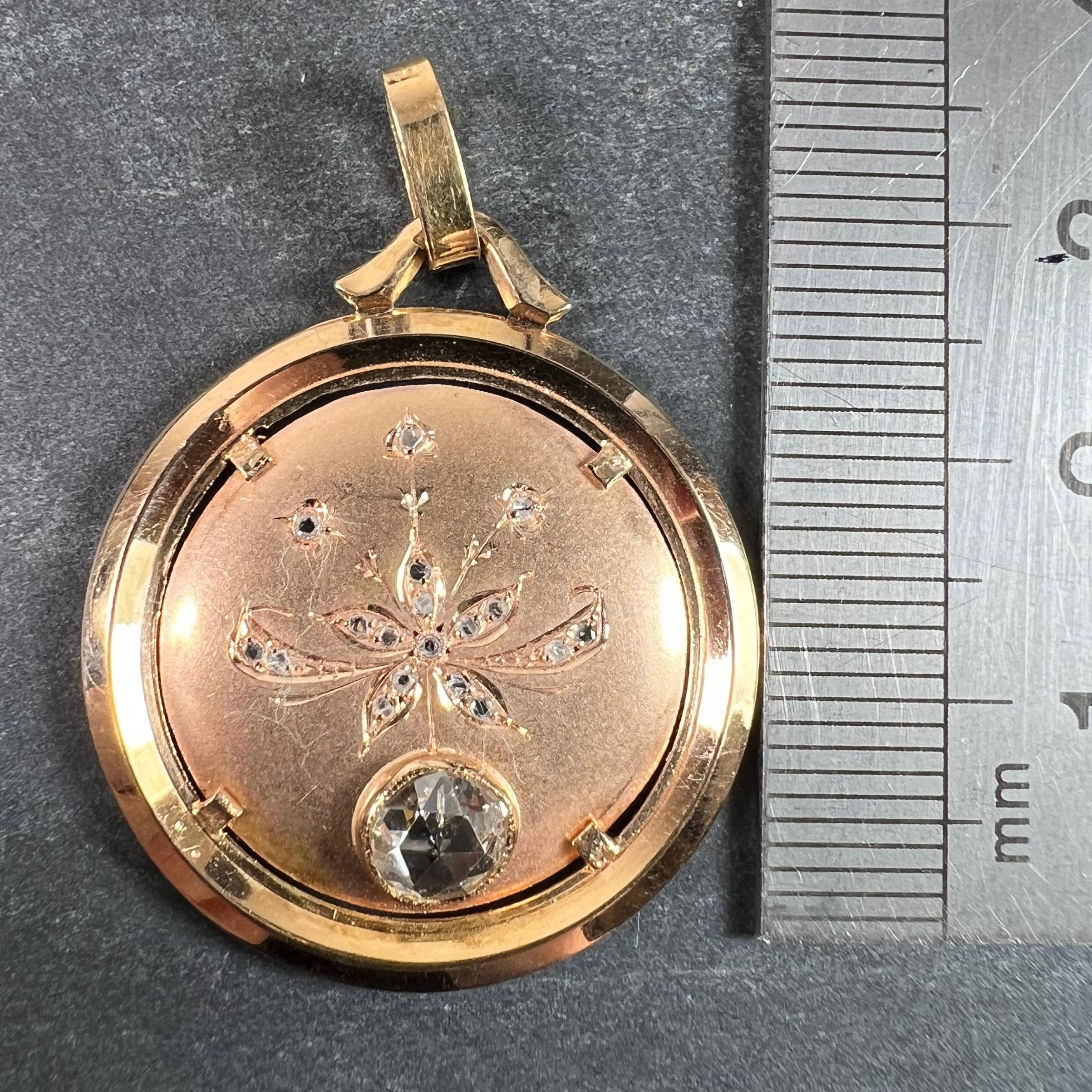 French Floral Flower 18 Karat Rose Gold Rose Cut Diamond Charm Pendant For Sale 6