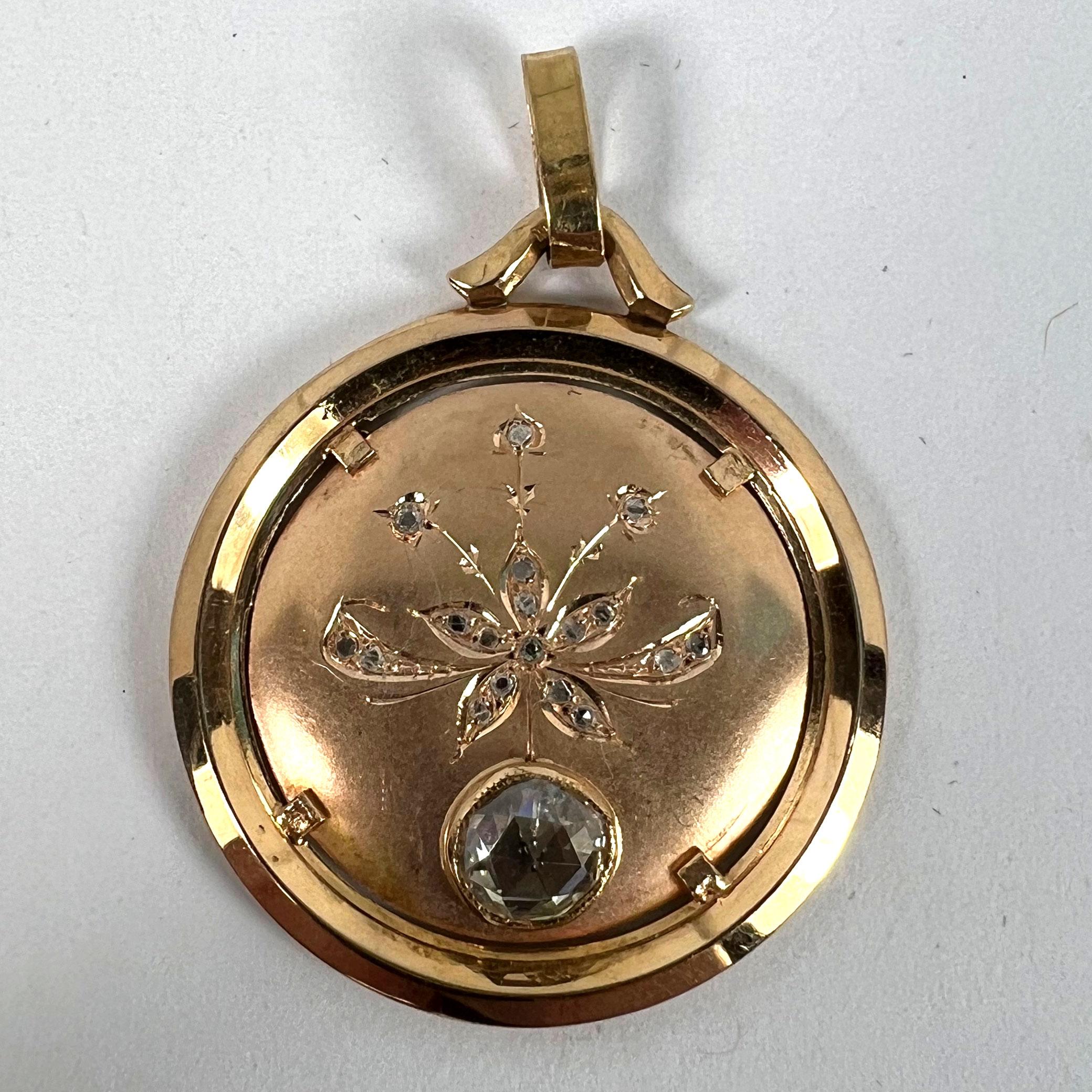 French Floral Flower 18 Karat Rose Gold Rose Cut Diamond Charm Pendant For Sale 7