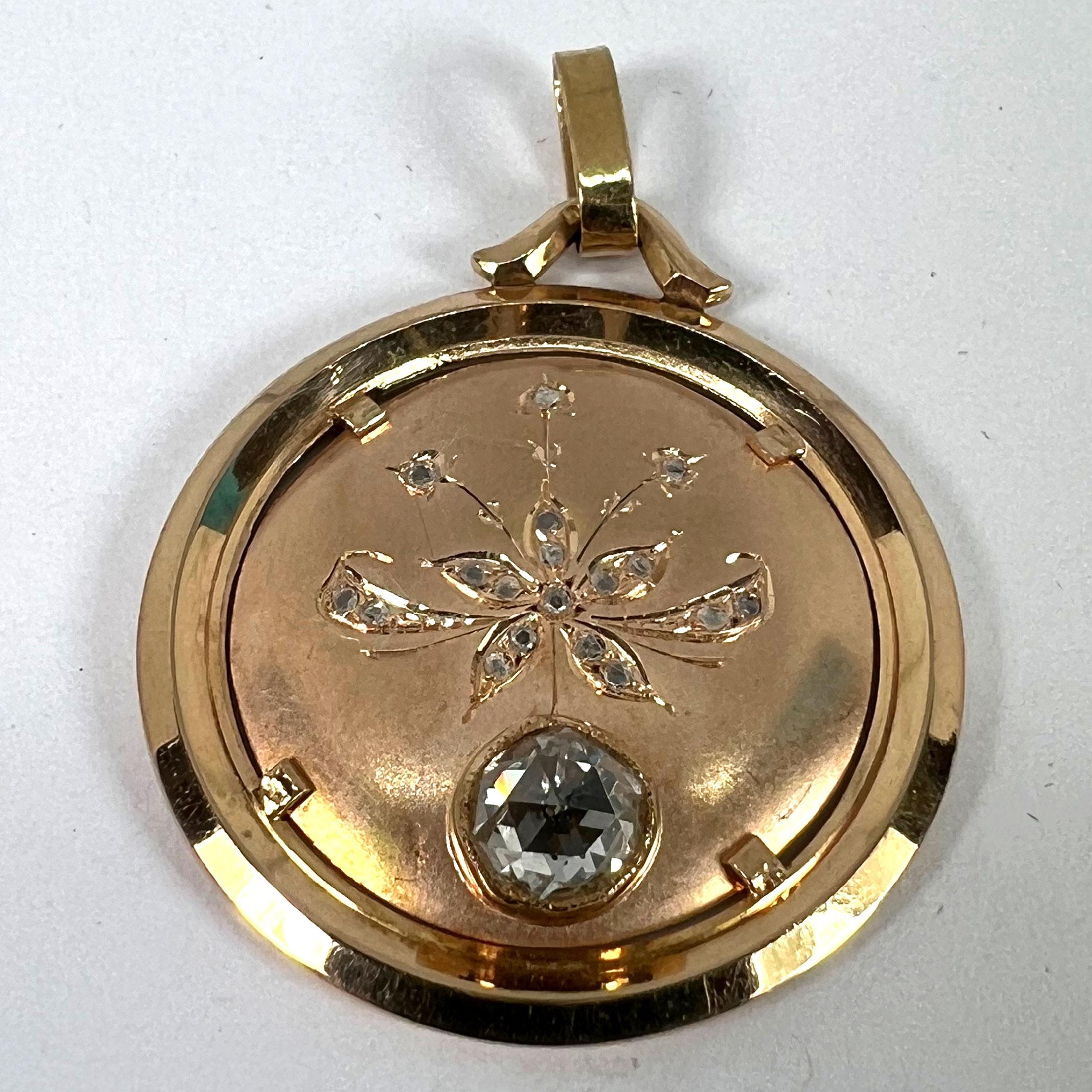 French Floral Flower 18 Karat Rose Gold Rose Cut Diamond Charm Pendant For Sale 8