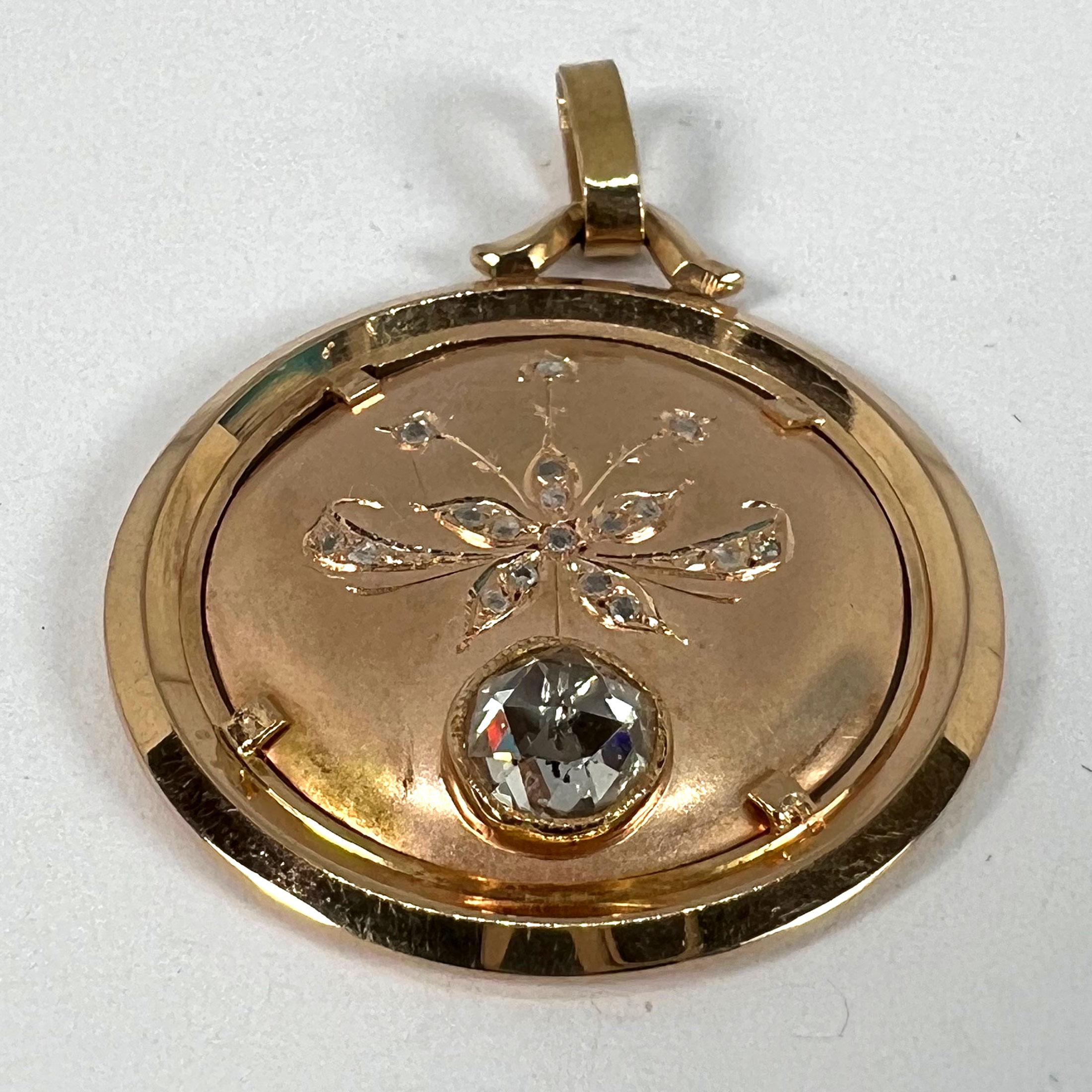French Floral Flower 18 Karat Rose Gold Rose Cut Diamond Charm Pendant For Sale 9