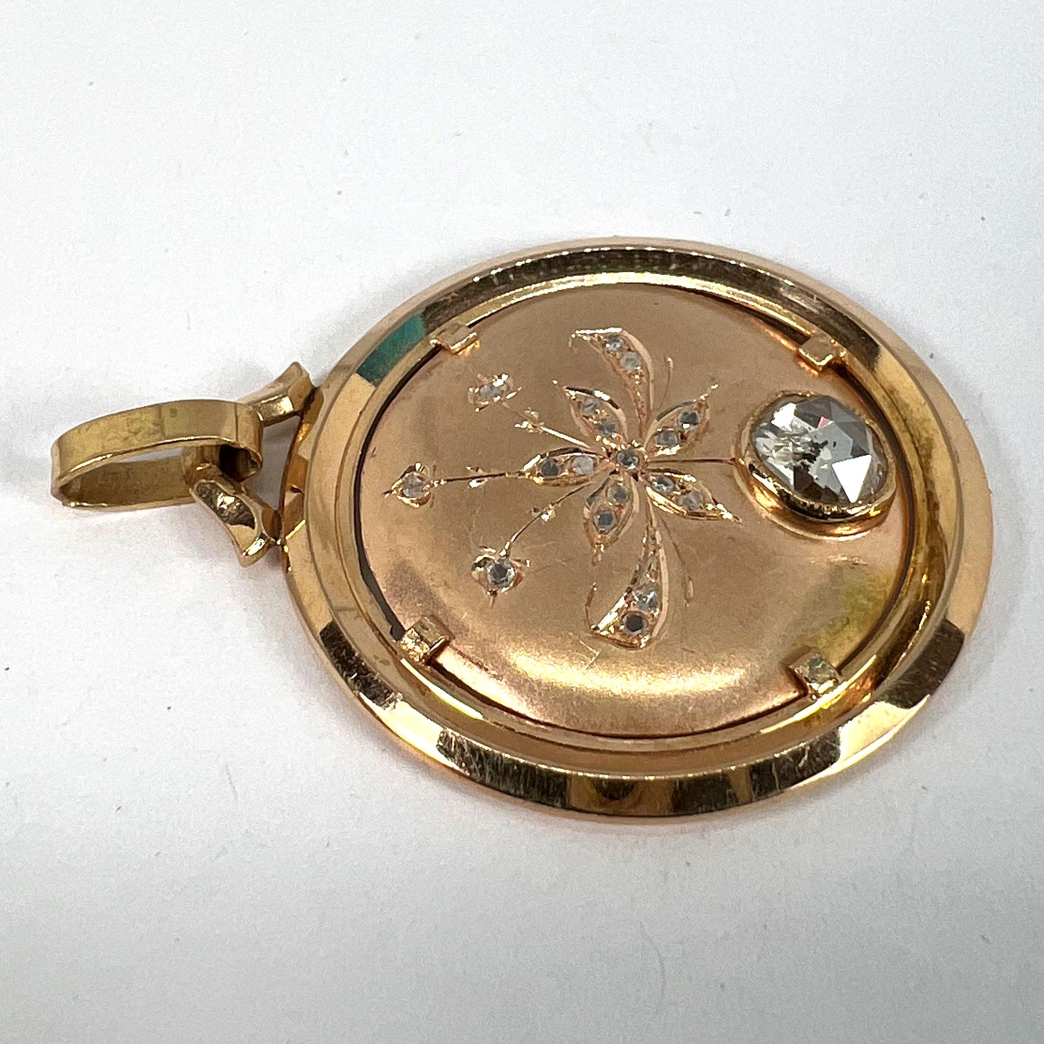 French Floral Flower 18 Karat Rose Gold Rose Cut Diamond Charm Pendant For Sale 10