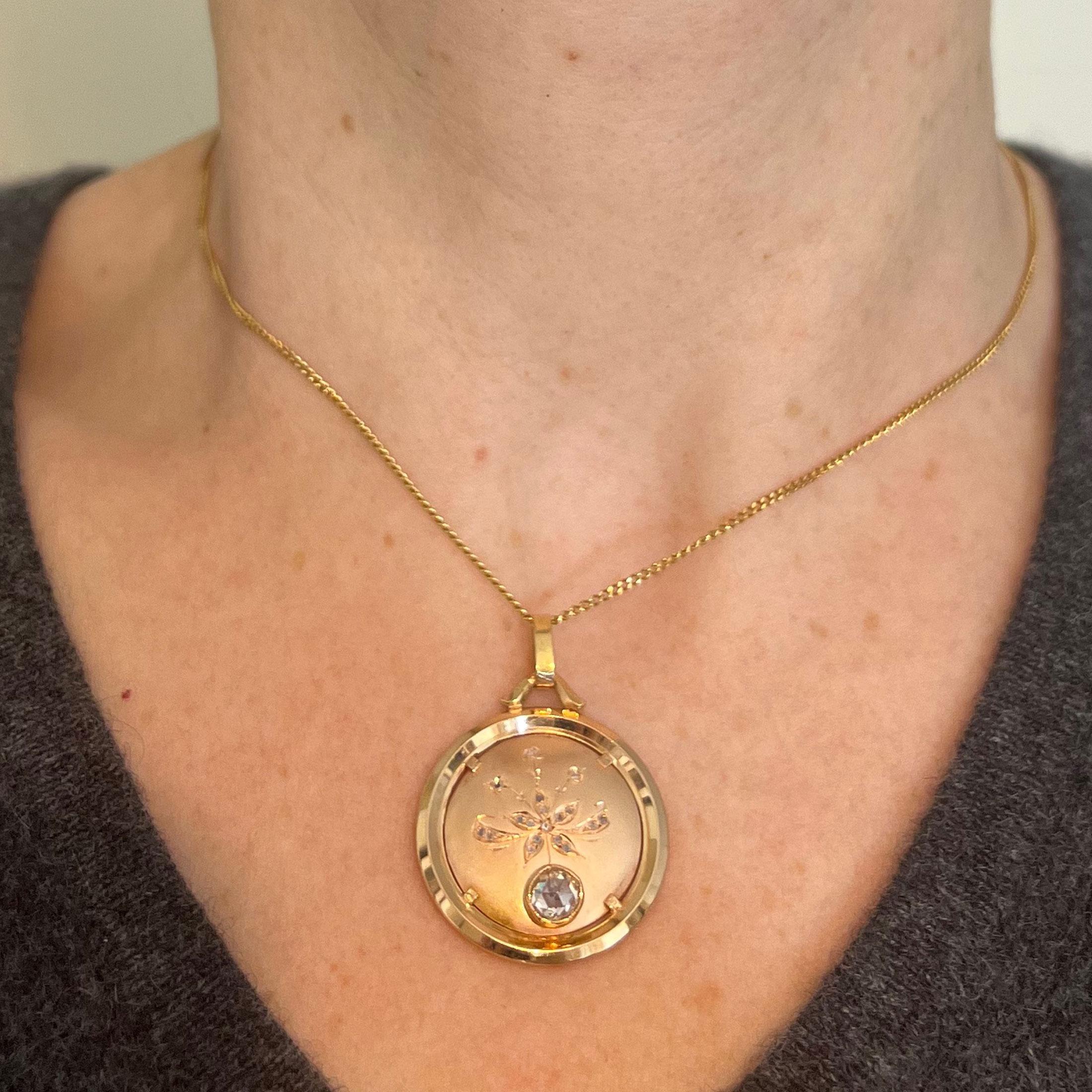 Women's or Men's French Floral Flower 18 Karat Rose Gold Rose Cut Diamond Charm Pendant For Sale