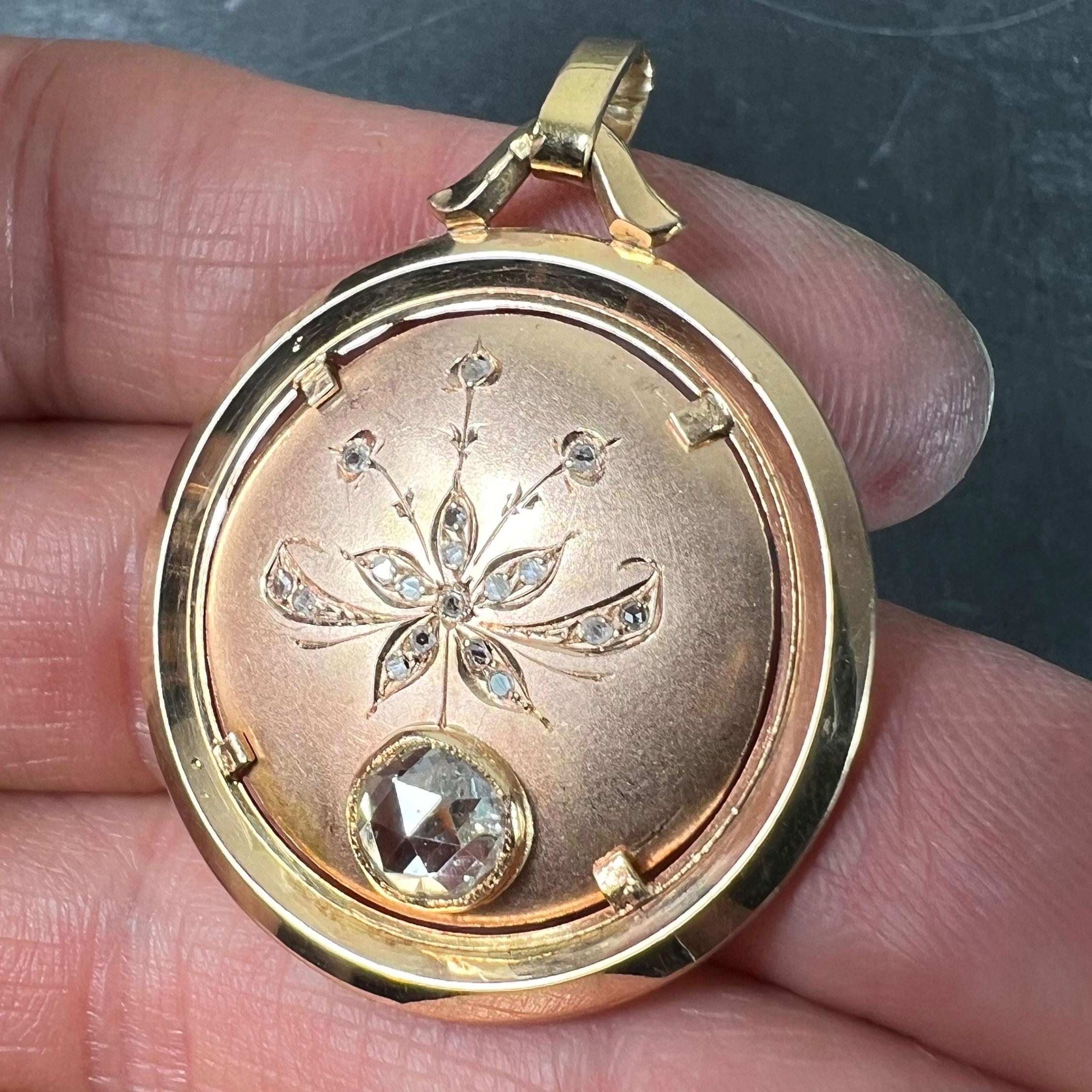 French Floral Flower 18 Karat Rose Gold Rose Cut Diamond Charm Pendant For Sale 2