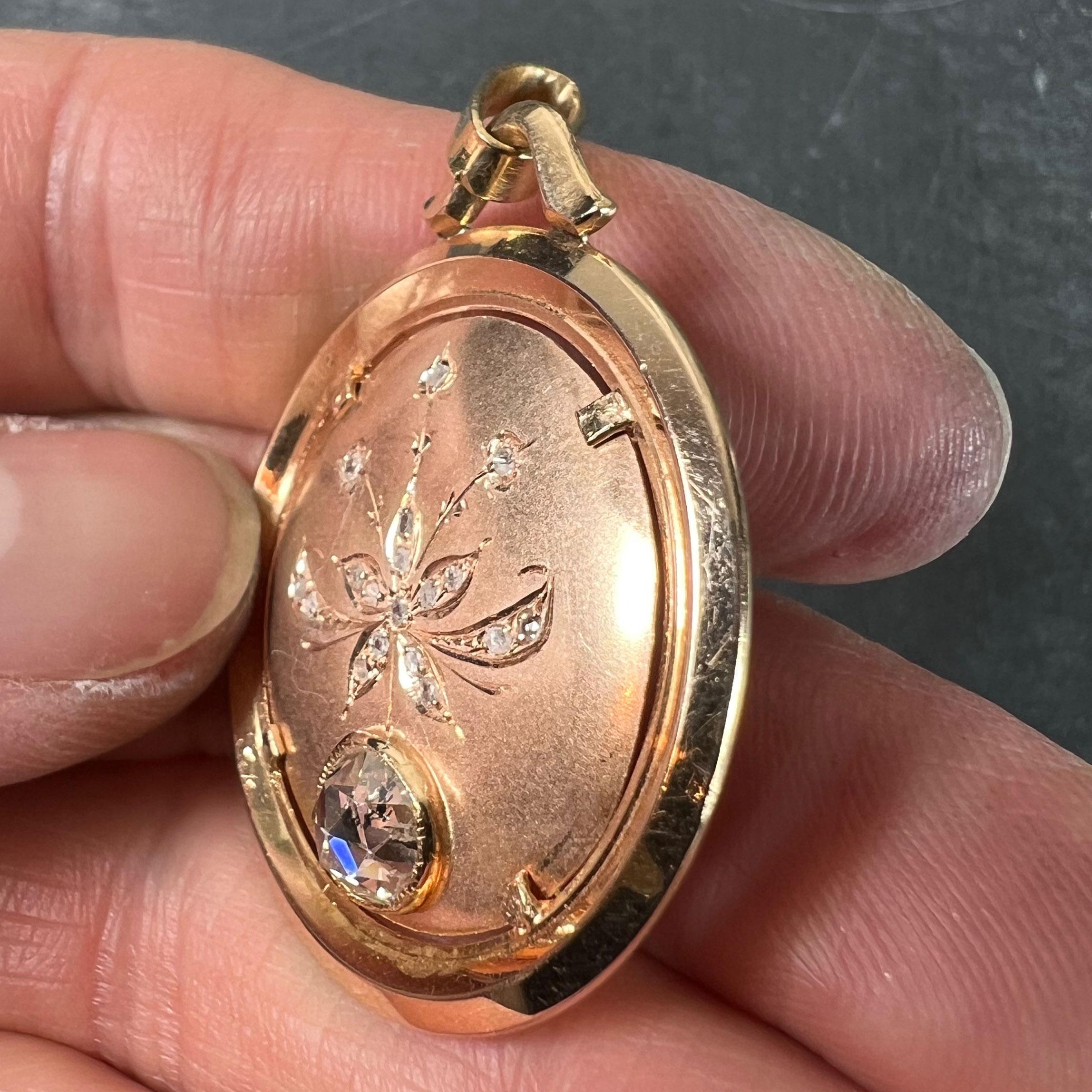 French Floral Flower 18 Karat Rose Gold Rose Cut Diamond Charm Pendant For Sale 3