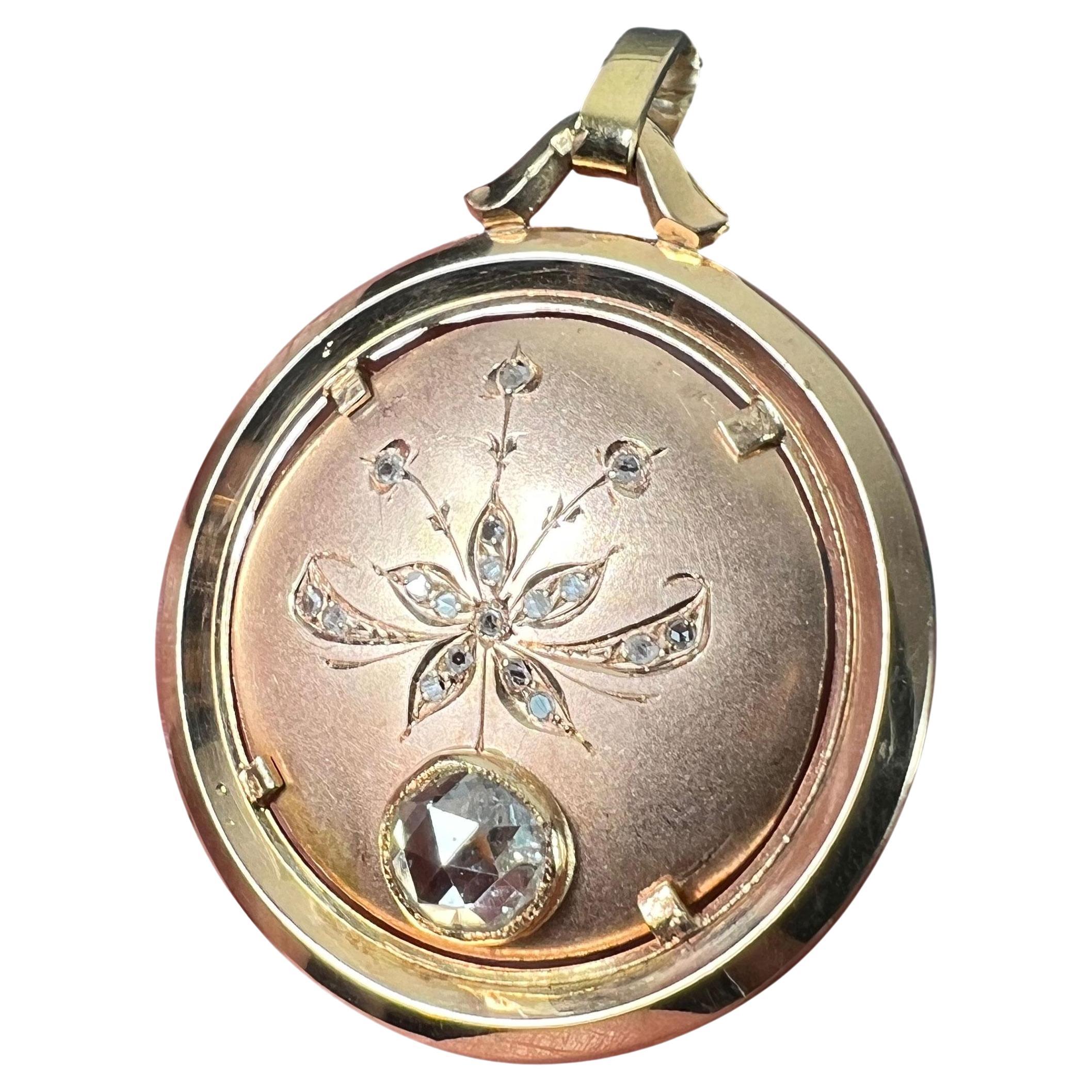 French Floral Flower 18 Karat Rose Gold Rose Cut Diamond Charm Pendant