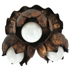 French Floral Flower Bouquet Ceiling Light Fixture in Gilt Iron, 1940s