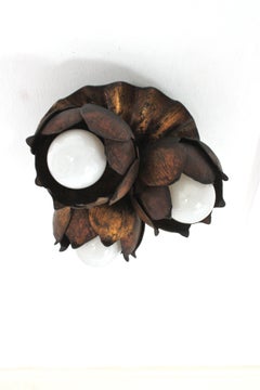 French Floral Flower Bouquet Ceiling Light Fixture in Gilt Iron, 1940s