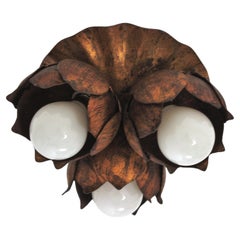 French Floral Flower Bouquet Ceiling Light Fixture in Gilt Iron, 1940s