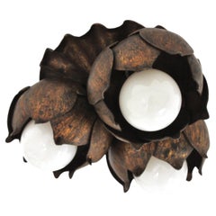 French Floral Flower Bouquet Ceiling Light Fixture in Gilt Iron, 1940s French Floral Flower Bouquet Ceiling Light Fixture in Gilt Iron, 1940s