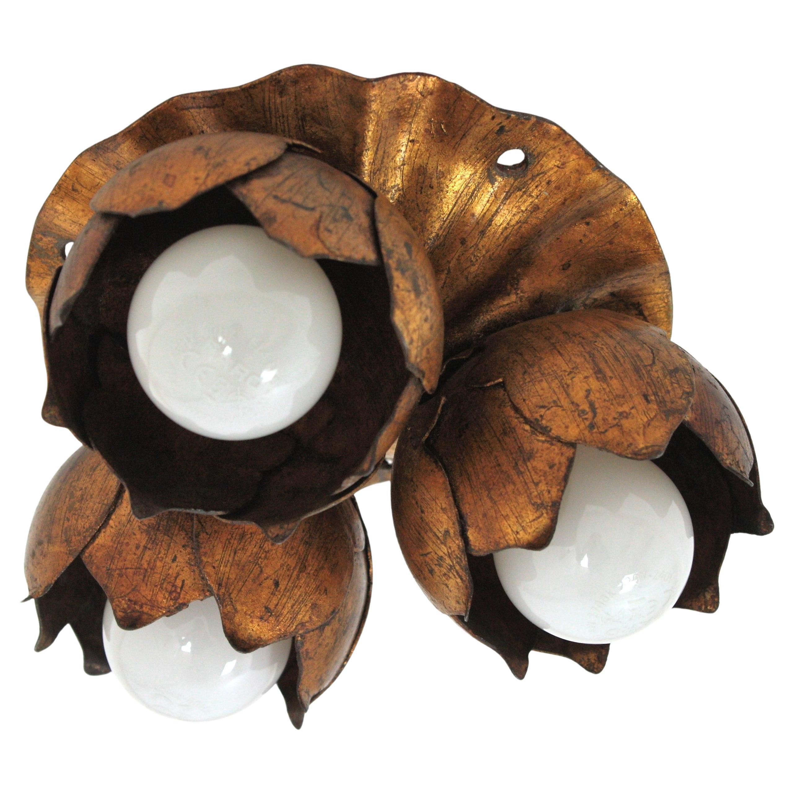 French Floral Flower Bouquet Ceiling Light Fixture in Gilt Iron, 1940s For Sale