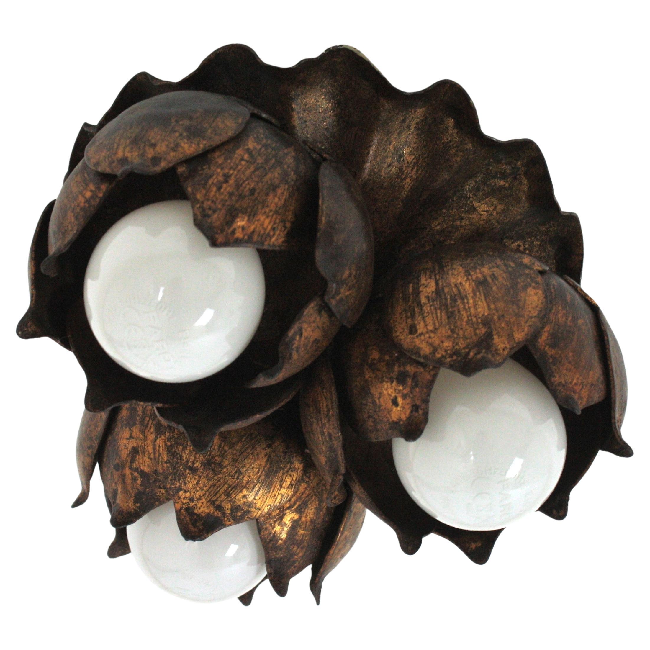 French Floral Flower Bouquet Ceiling Light Fixture in Gilt Iron, 1940s