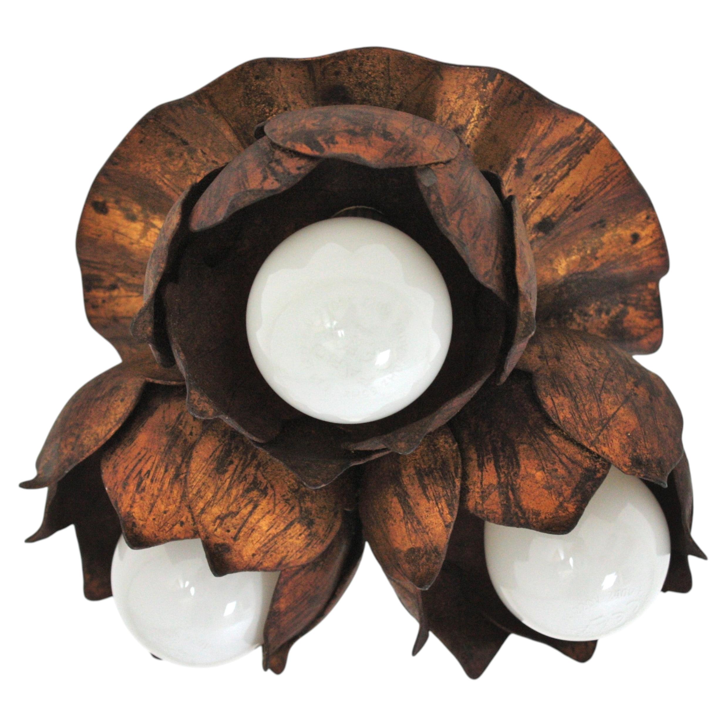 French Floral Flower Bouquet Ceiling Light Fixture in Gilt Iron, 1940s