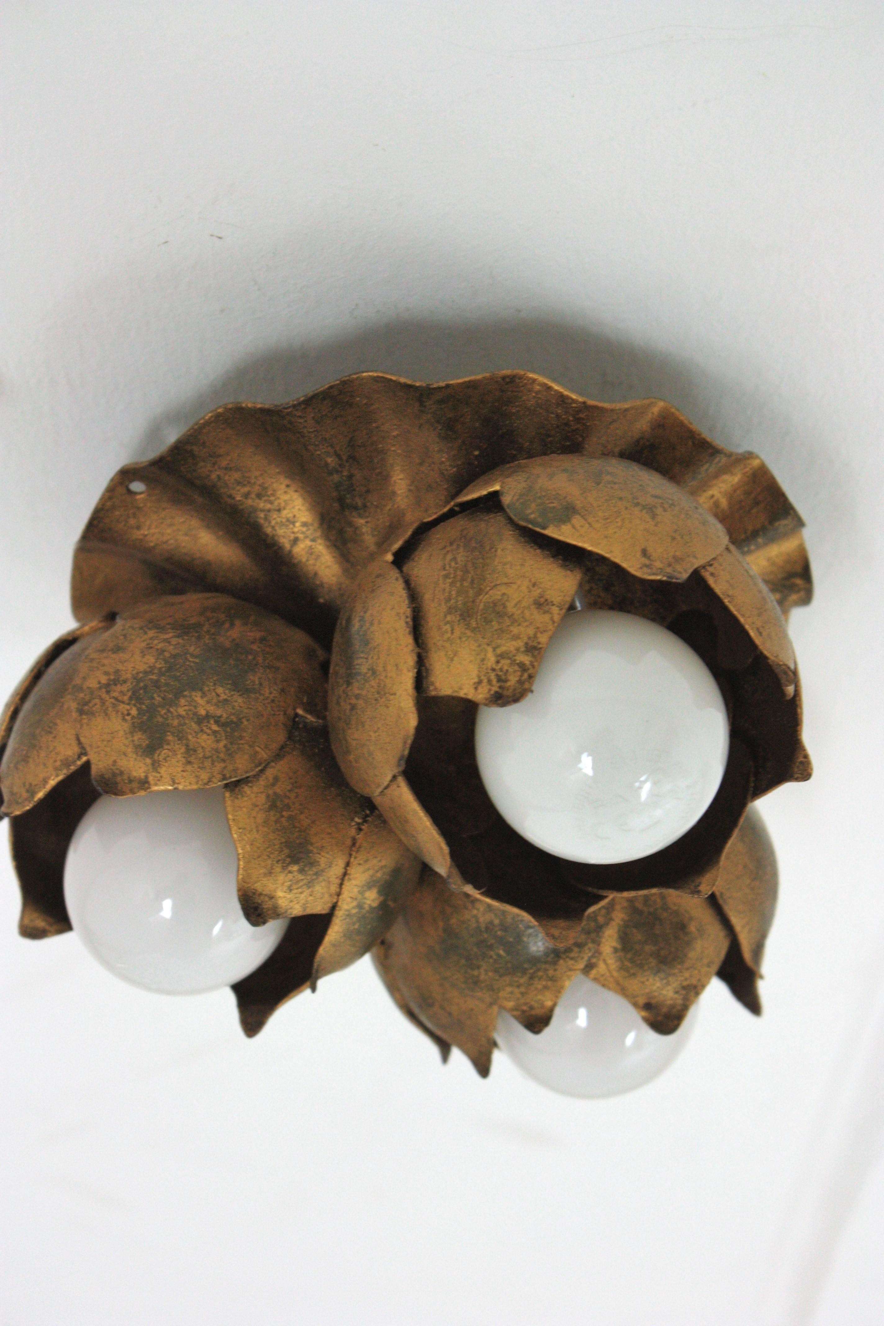 French Floral Flower Bouquet Ceiling Light Fixture in Gilt Iron 4