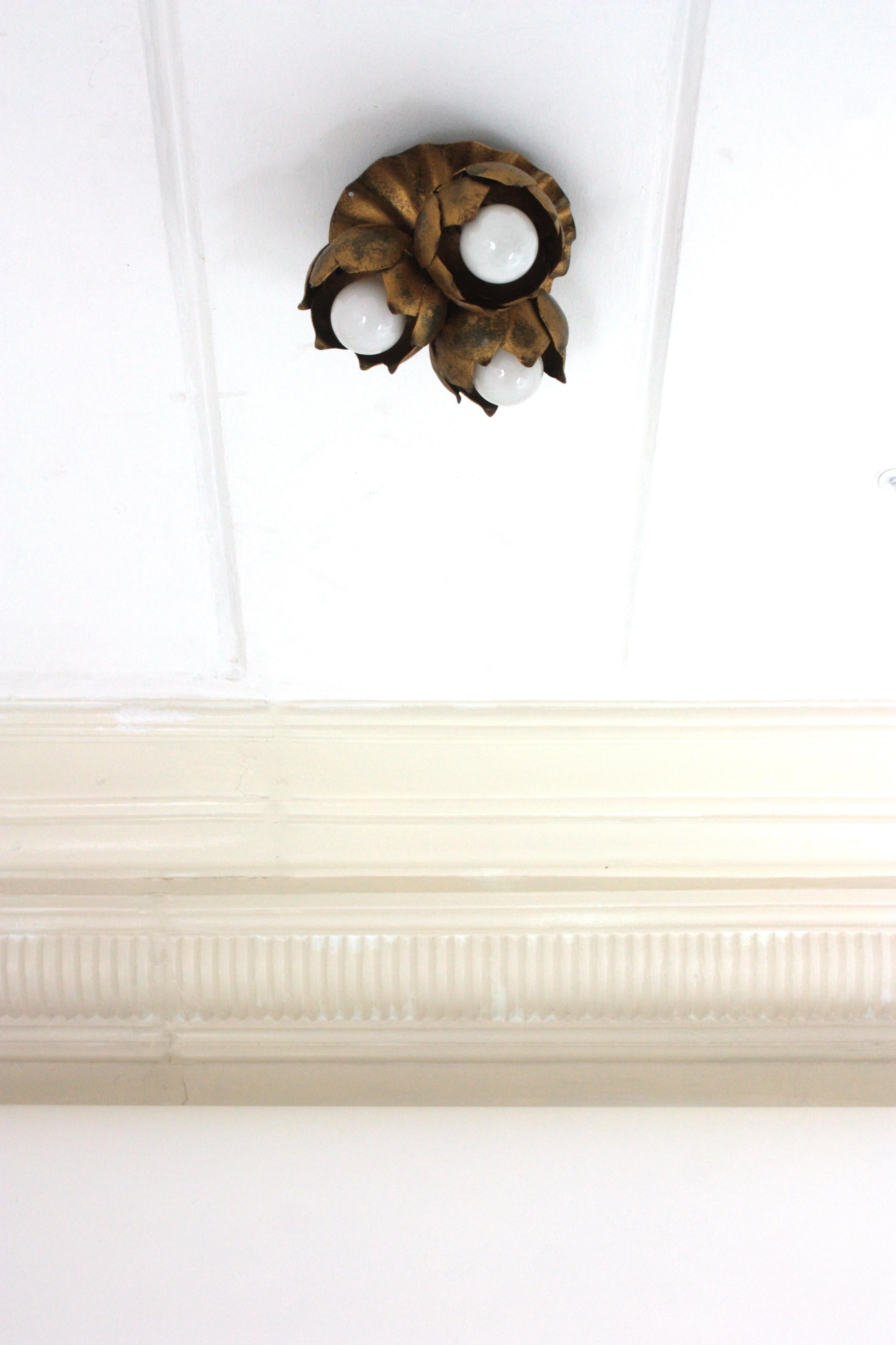 French Floral Flower Bouquet Ceiling Light Fixture in Gilt Iron 5