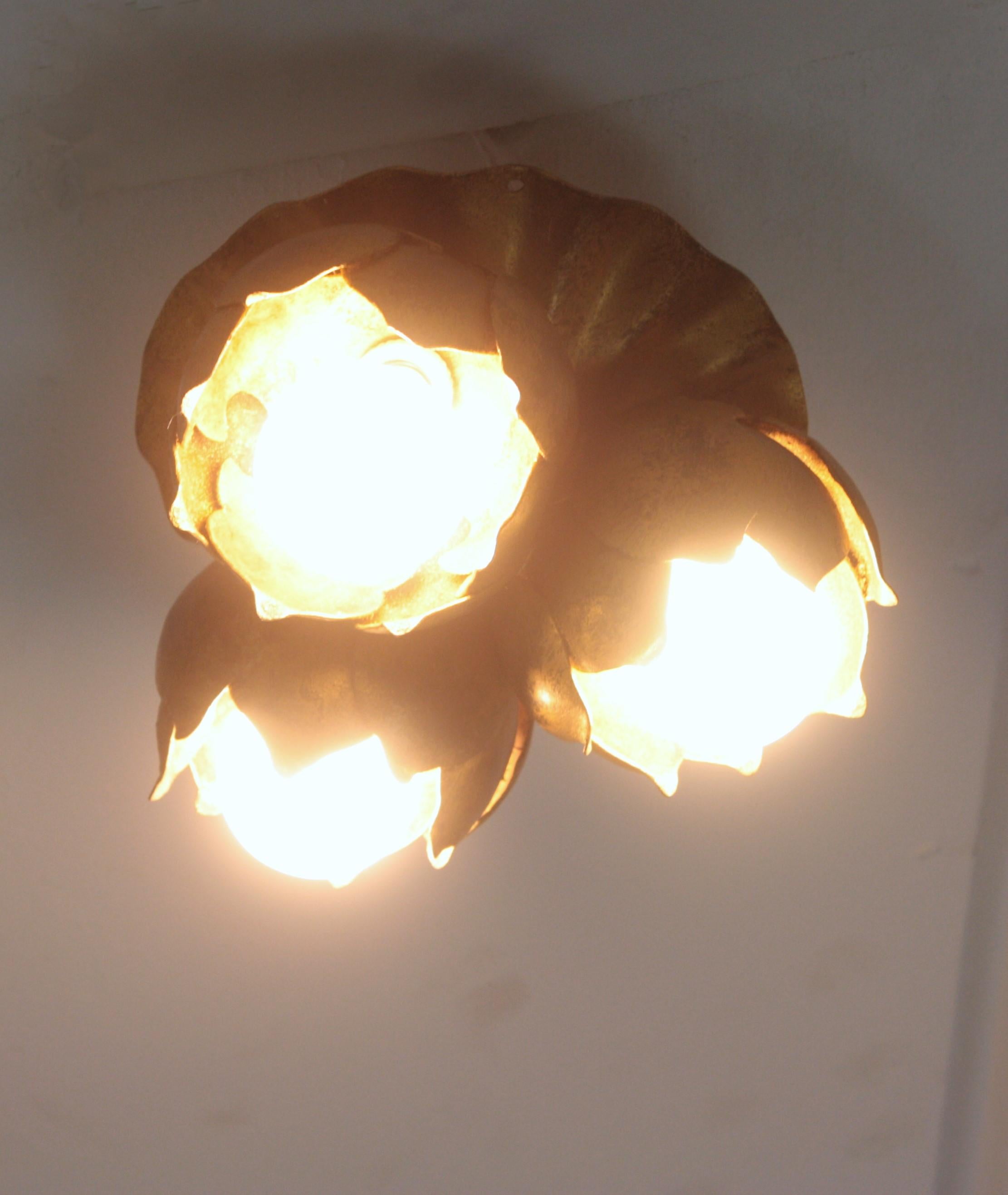 French Floral Flower Bouquet Ceiling Light Fixture in Gilt Iron 7