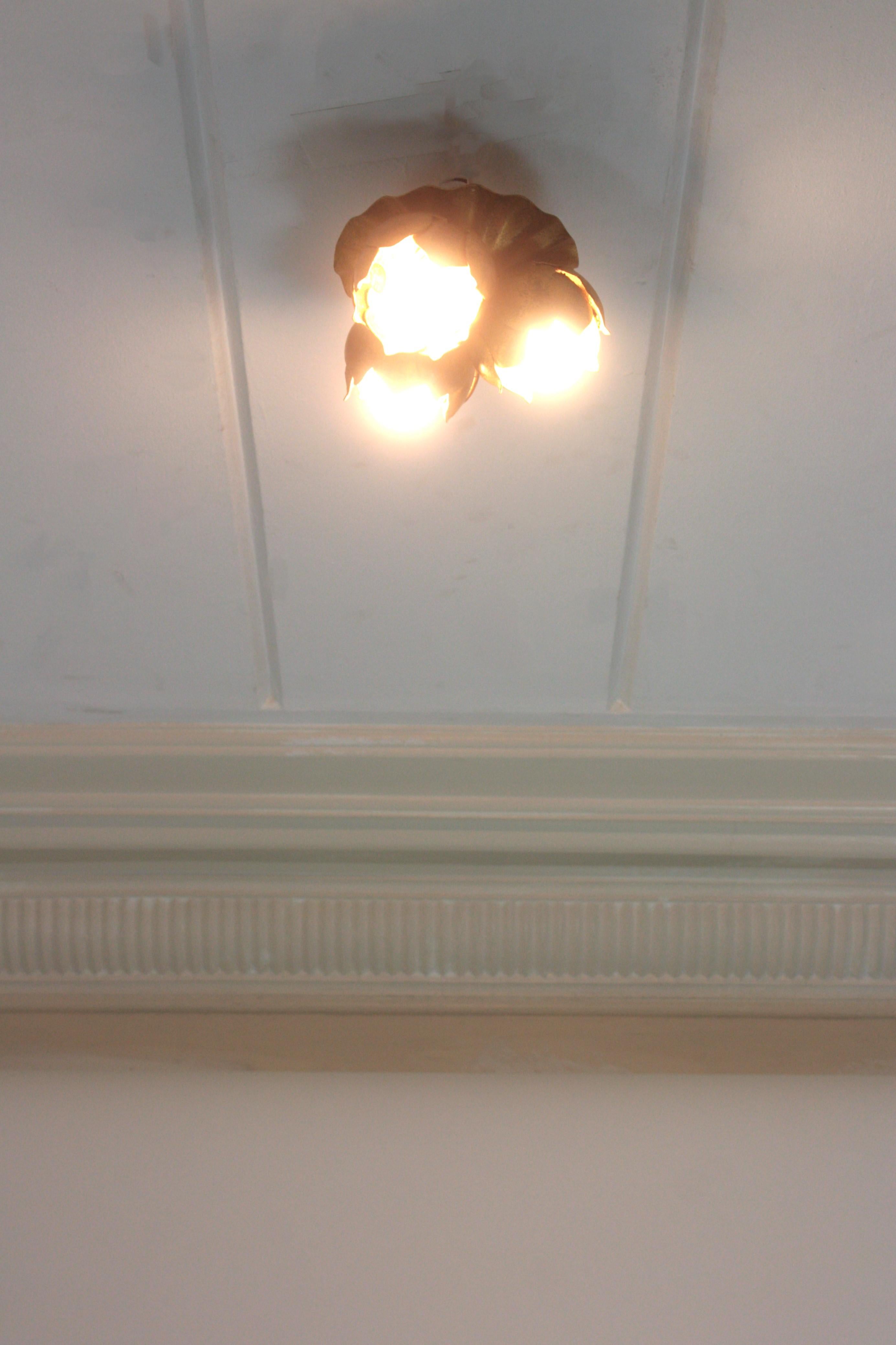 French Floral Flower Bouquet Ceiling Light Fixture in Gilt Iron 8