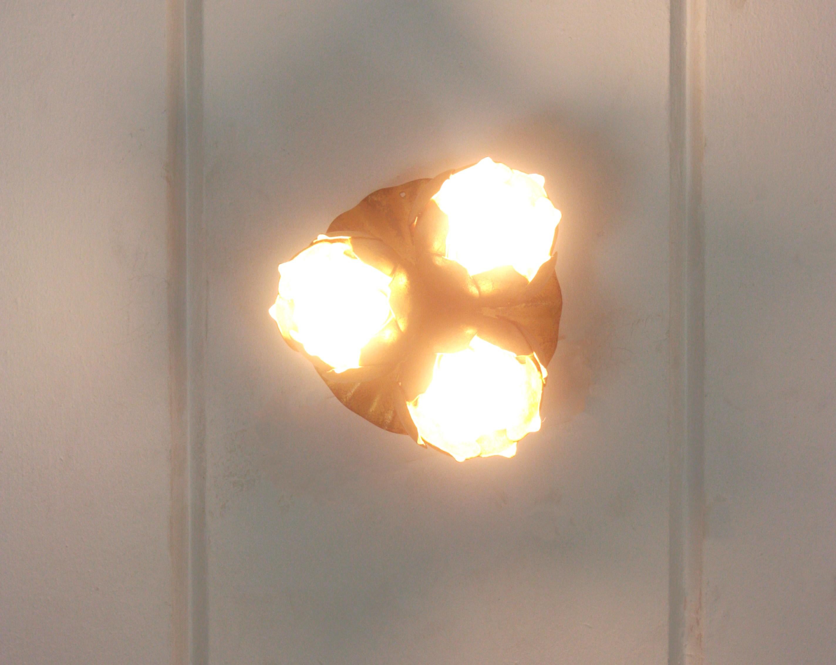French Floral Flower Bouquet Ceiling Light Fixture in Gilt Iron 9
