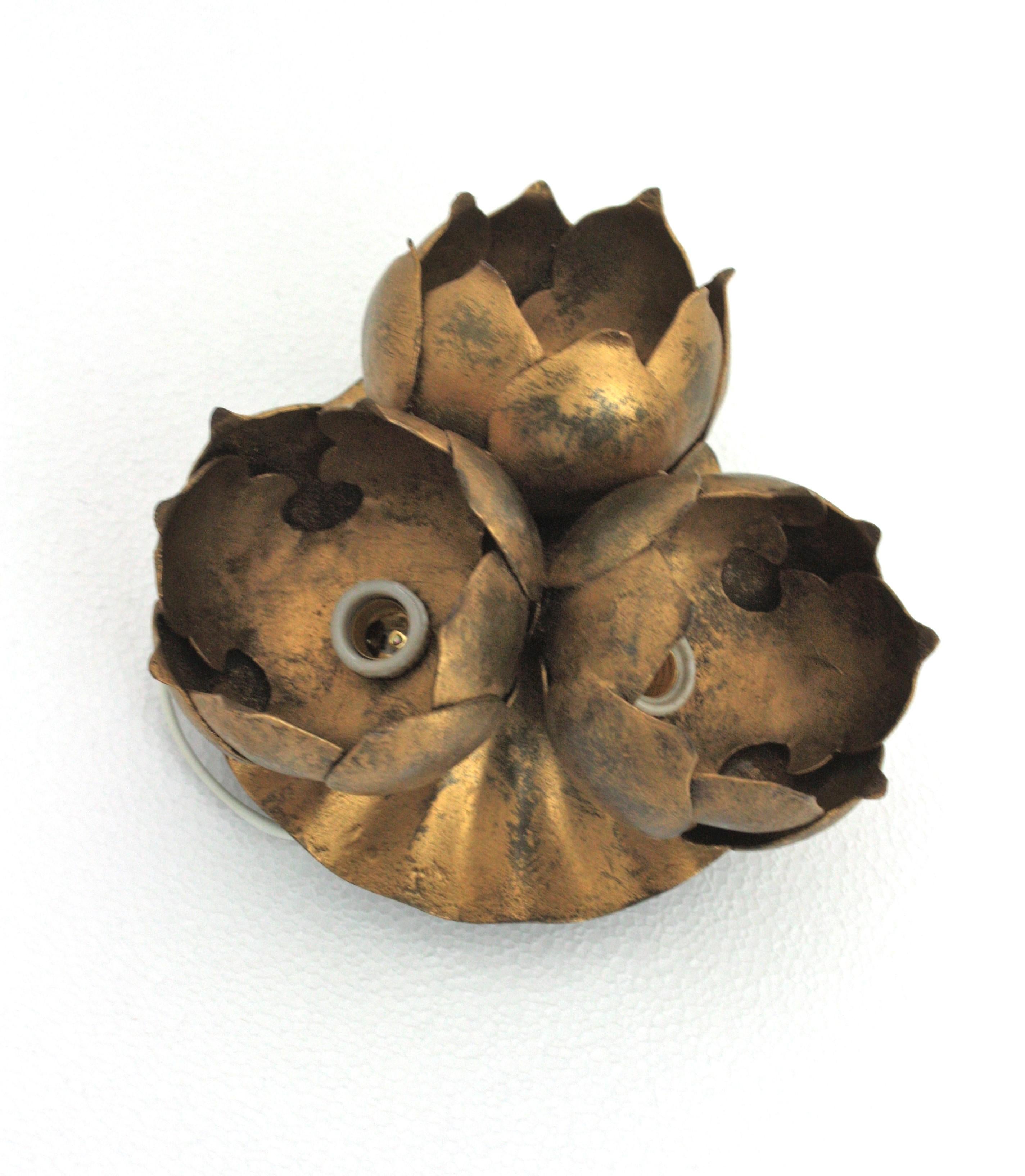 French Floral Flower Bouquet Ceiling Light Fixture in Gilt Iron 10